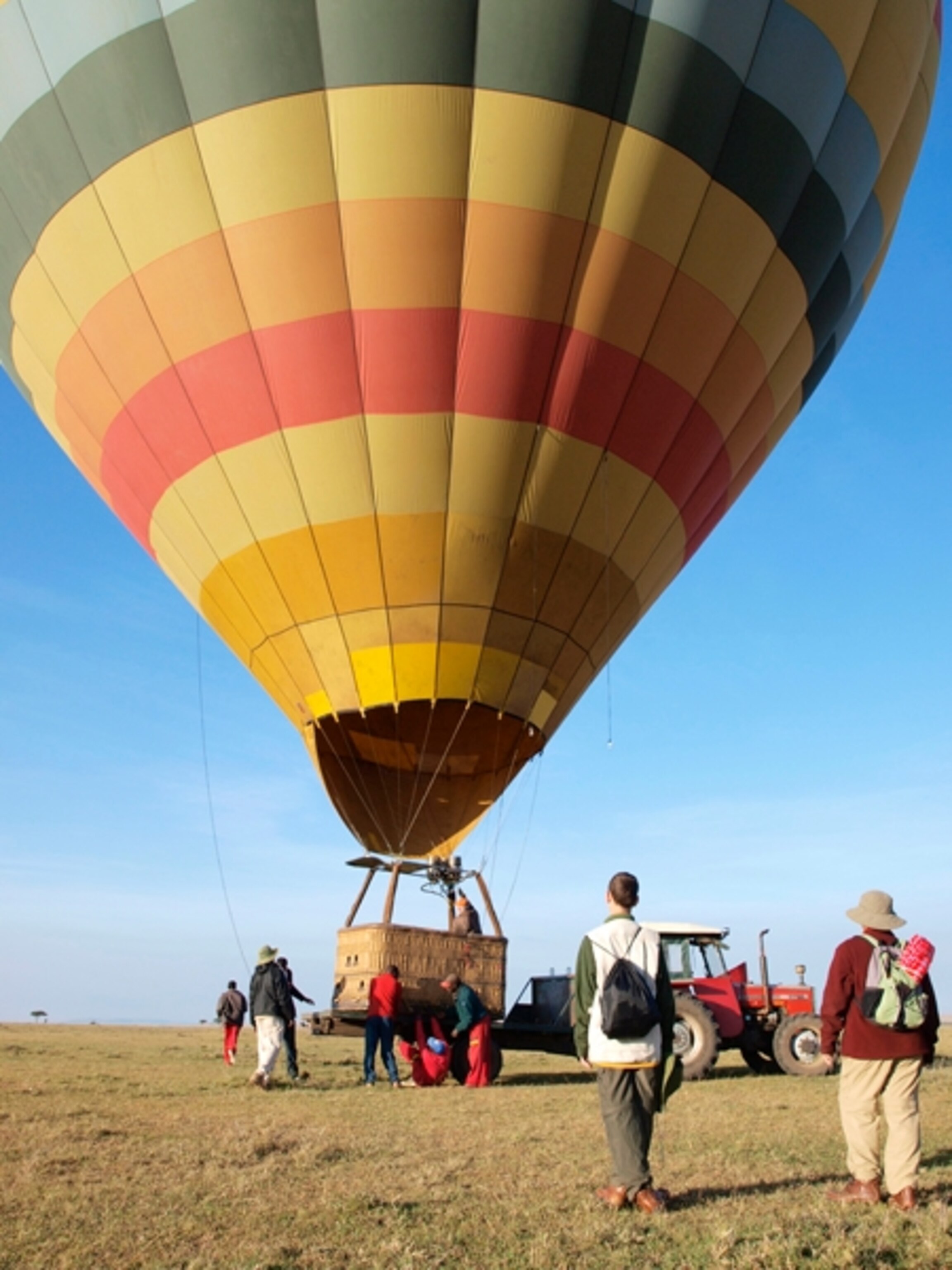 Hot air balloon preps for takeoff, Kenya, Africa