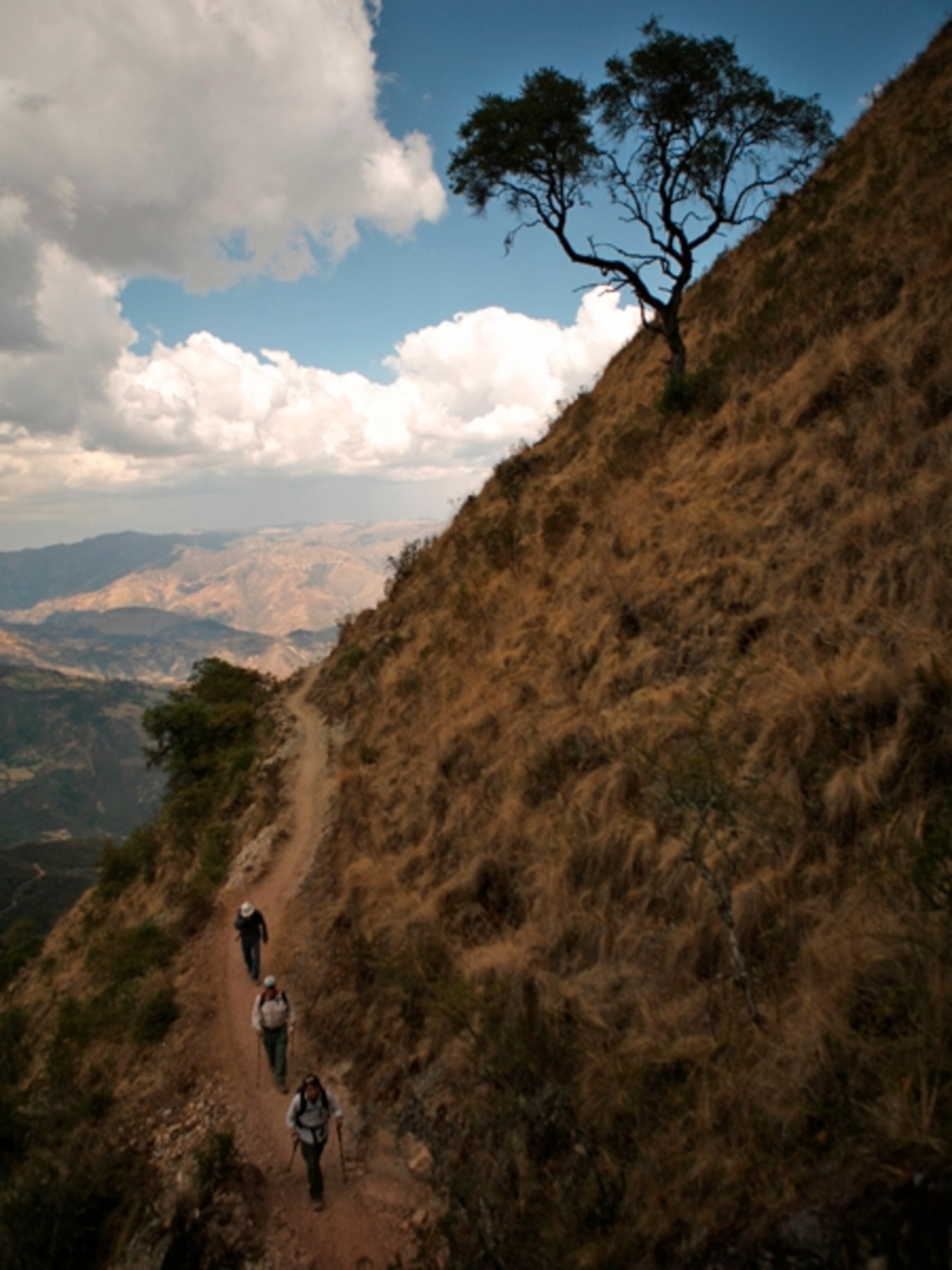Hikers on steep mountain trail, Peru