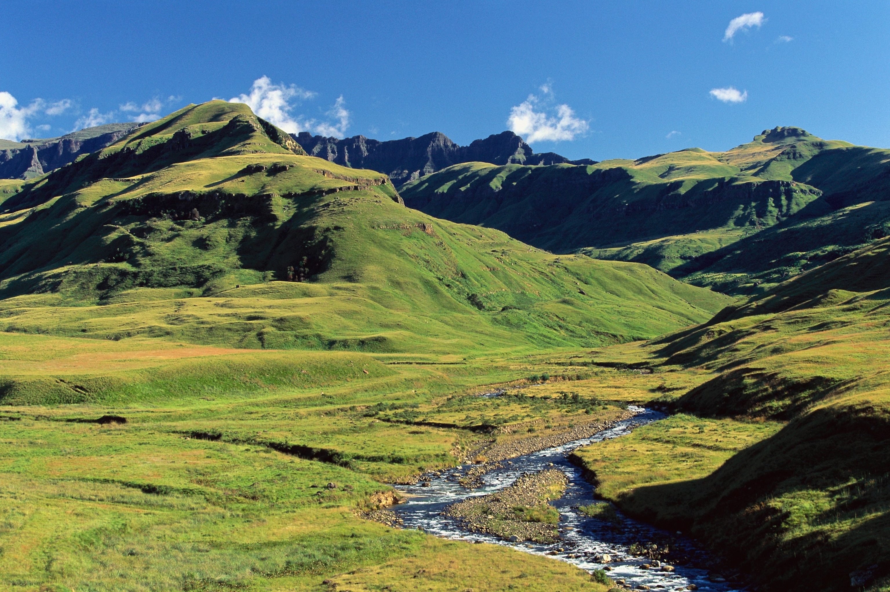 the Drakensburg Mountains with a stream in the foreground.