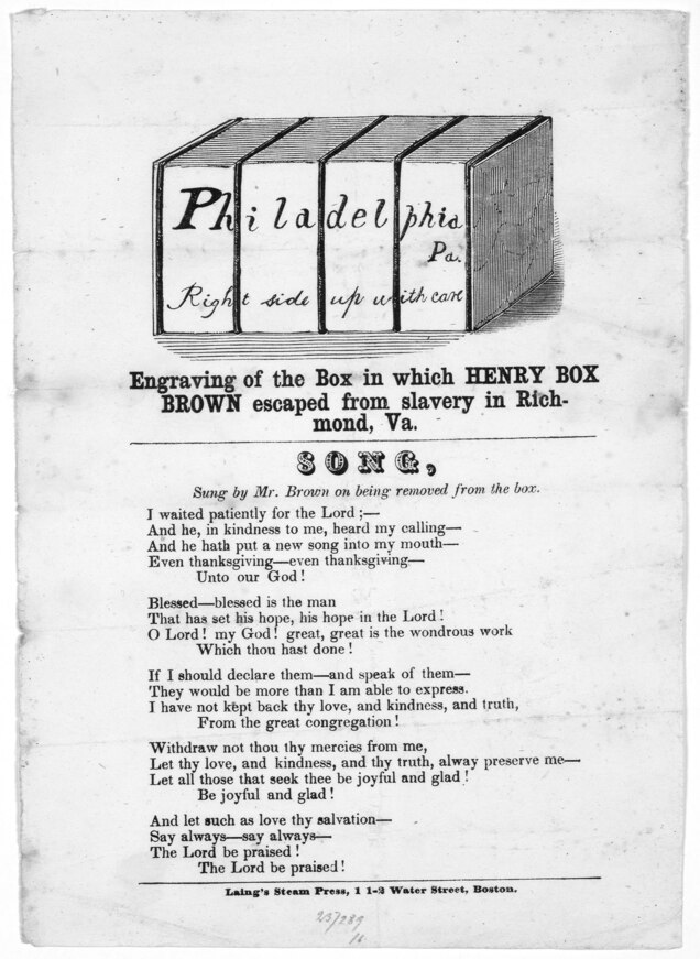 Illustration of the engraving on the box in which Henry "Box" Brown escaped
