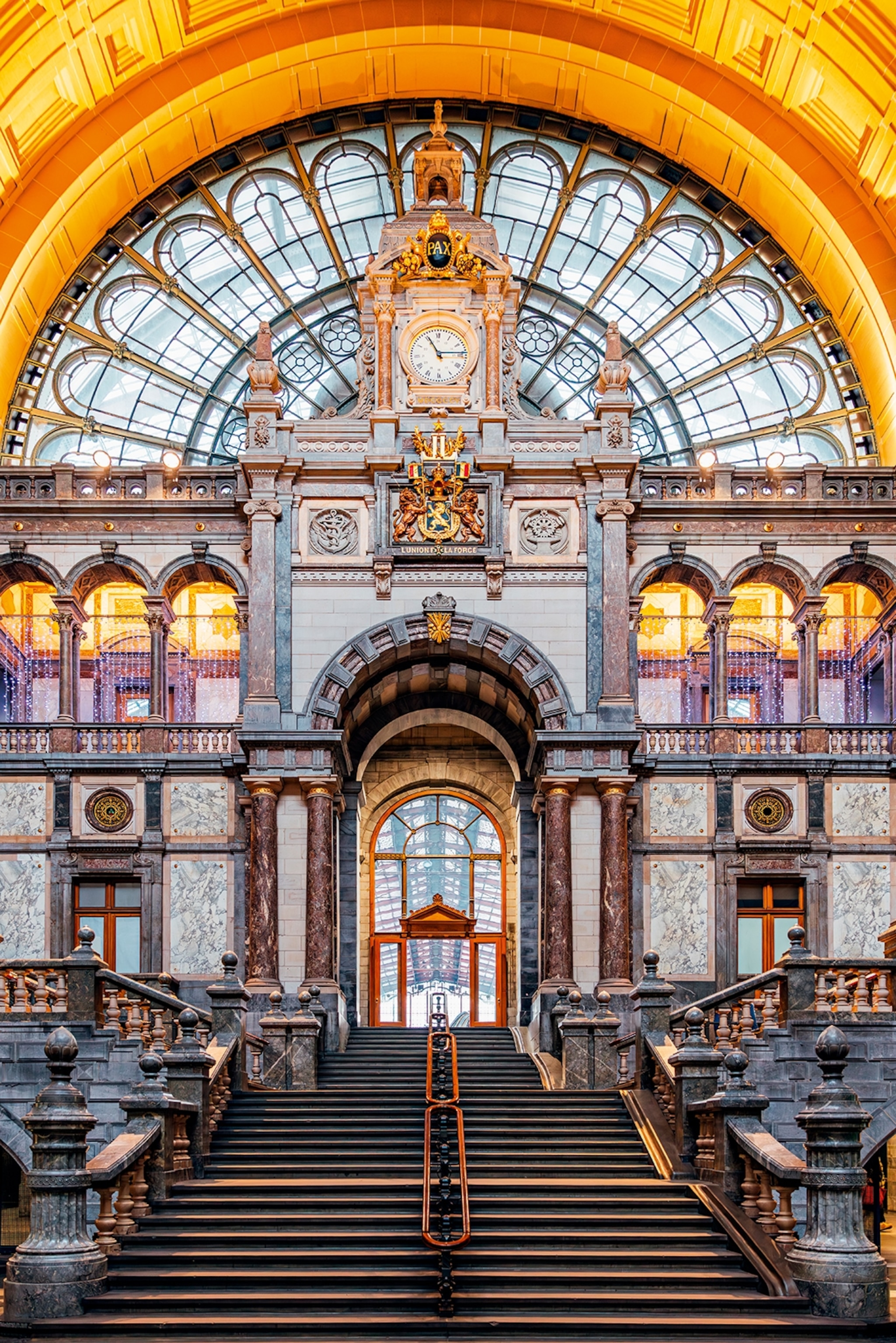 The Art Nouveau entrance hall of Antwerps central rail station.