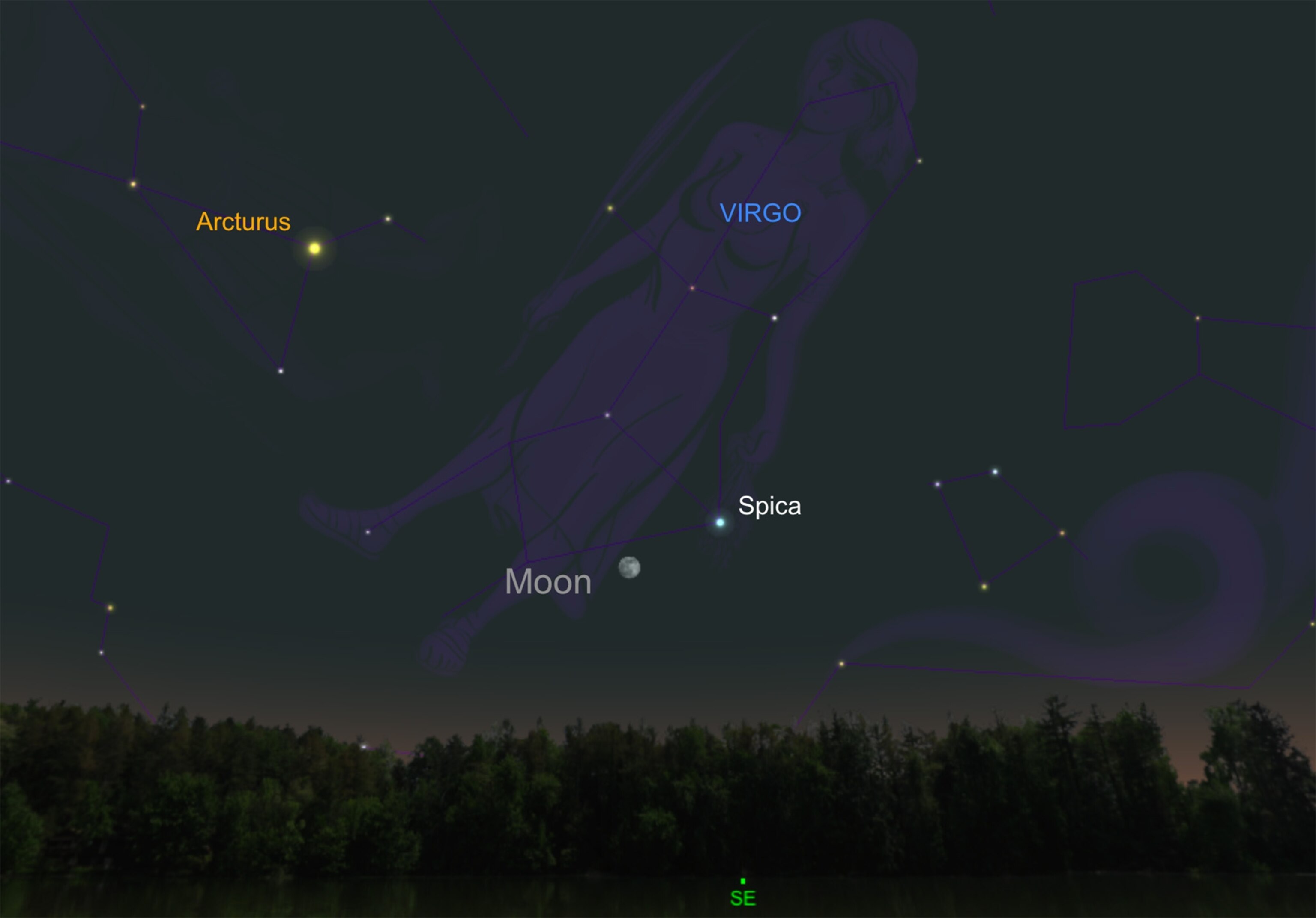 Look for the near full moon to pair up with Spica, the brightest star of Virgo