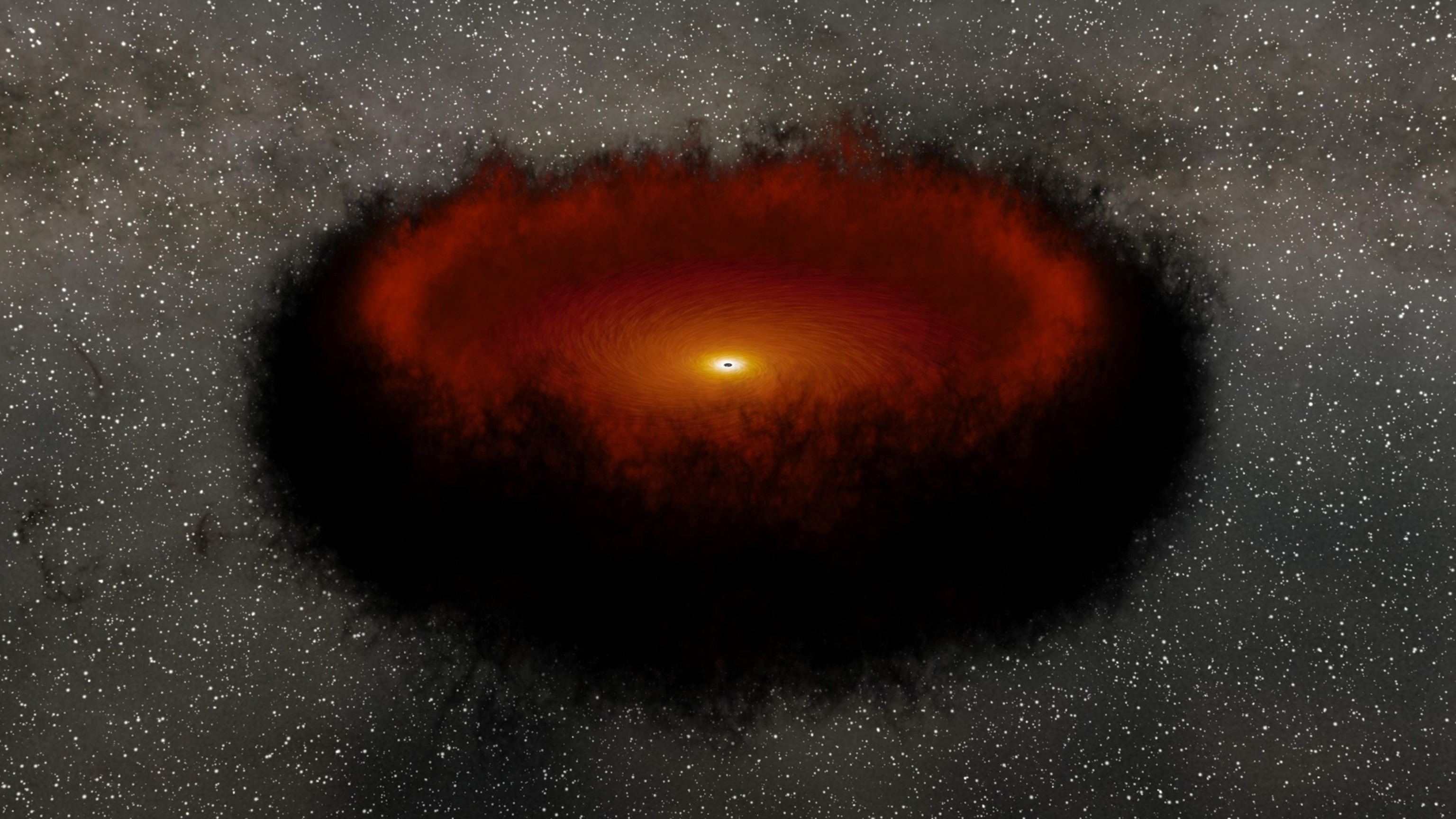 A swirling, black and red cosmic cloud surrounds a glowing central core in space, set against a backdrop of countless stars