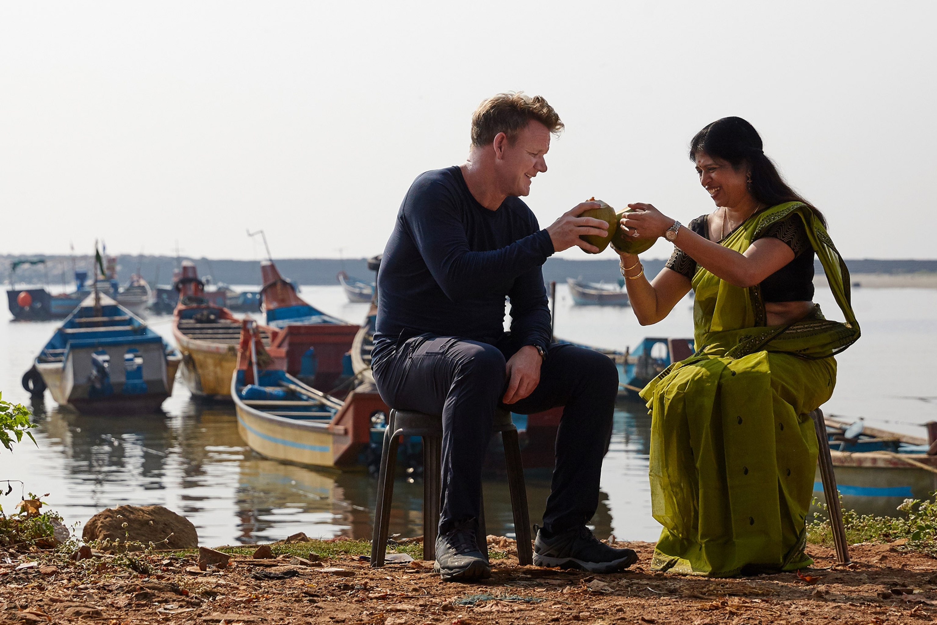 Gordon Ramsay and Chef Shri Bala enjoying fresh coconut juice