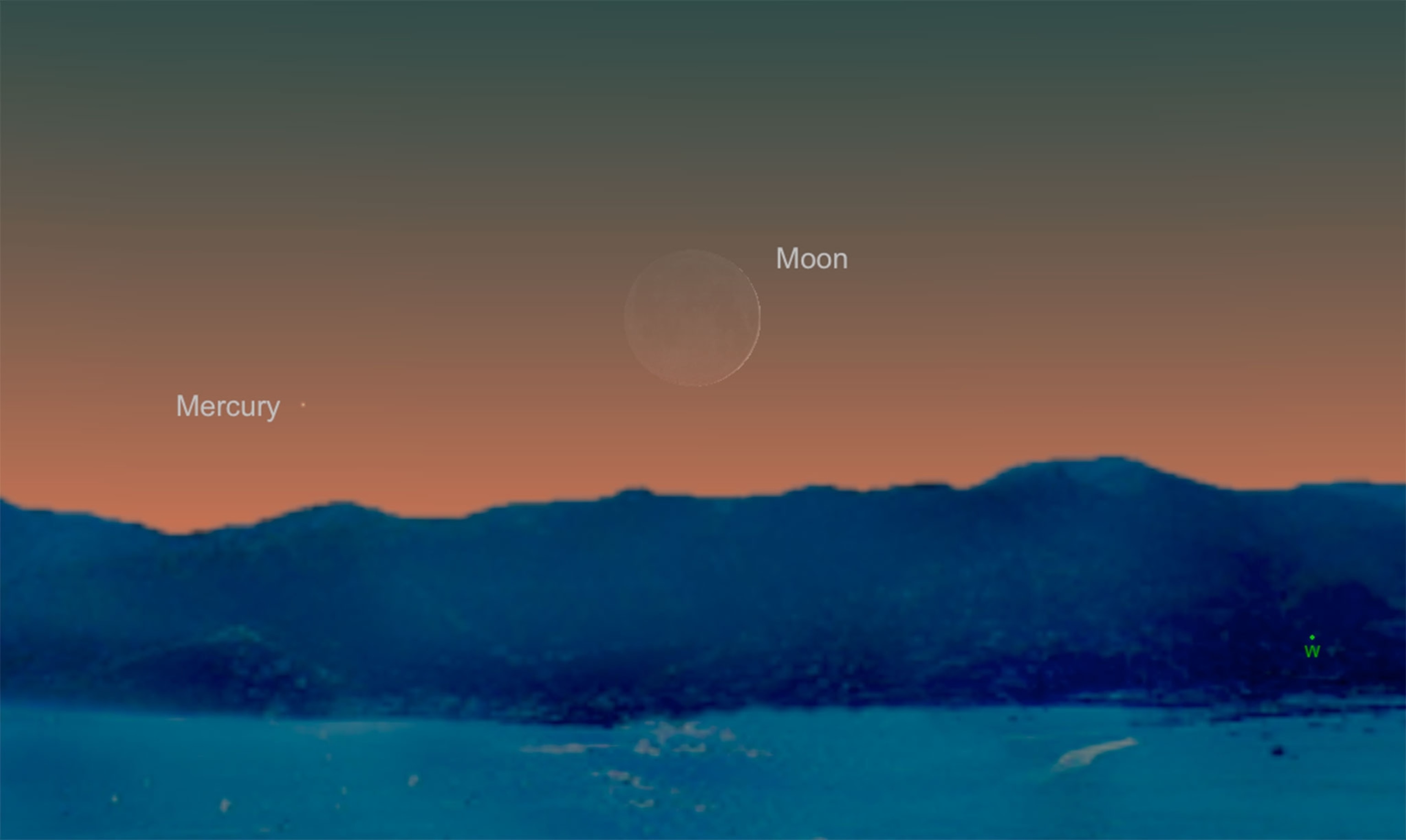 at dusk the razor-thin crescent moon poses with Mercury very low to the western horizon