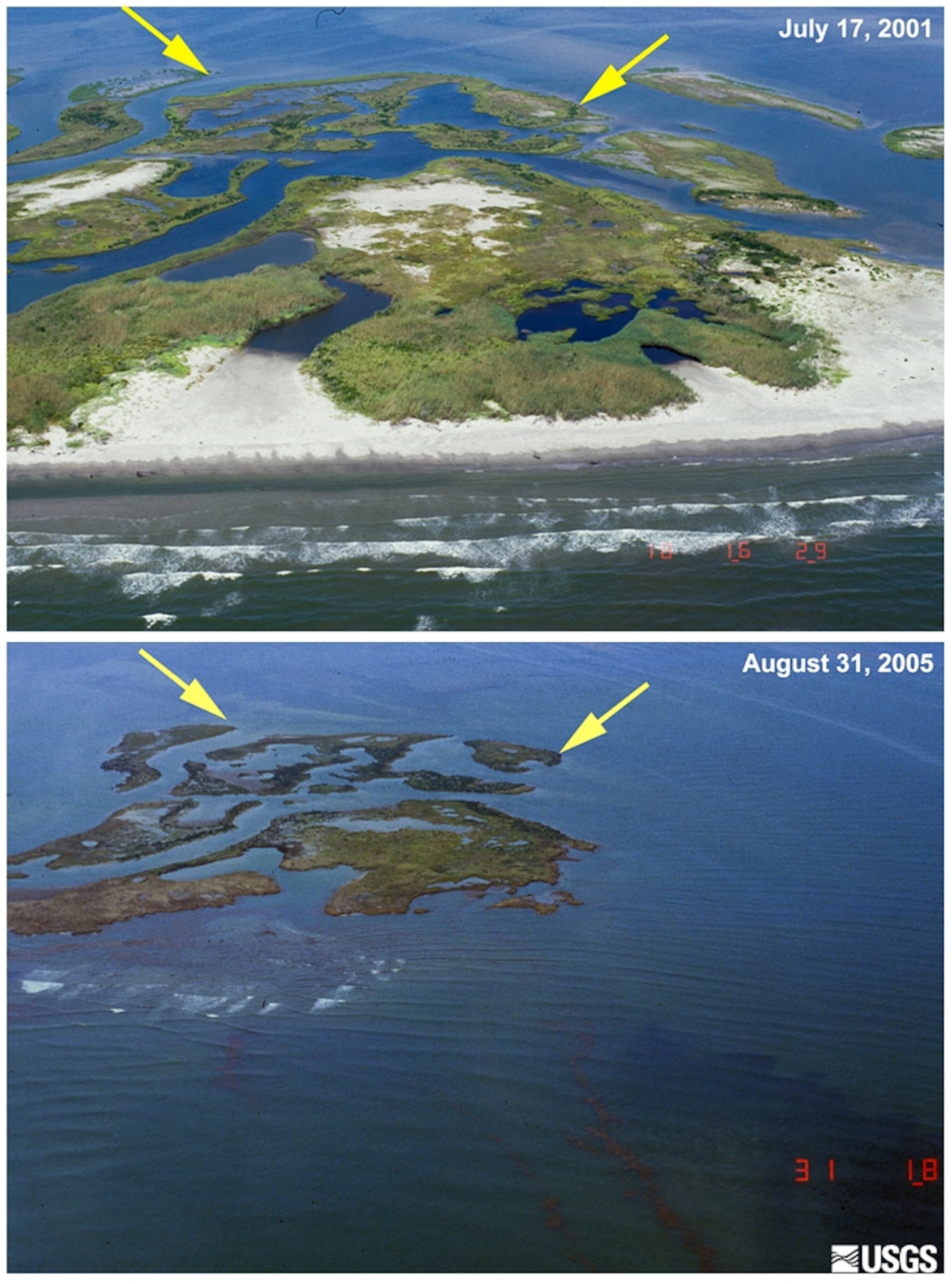 Before-and-after Hurricane Katrina fifth-anniversary pictures of Louisiana's Chandeleur Islands.