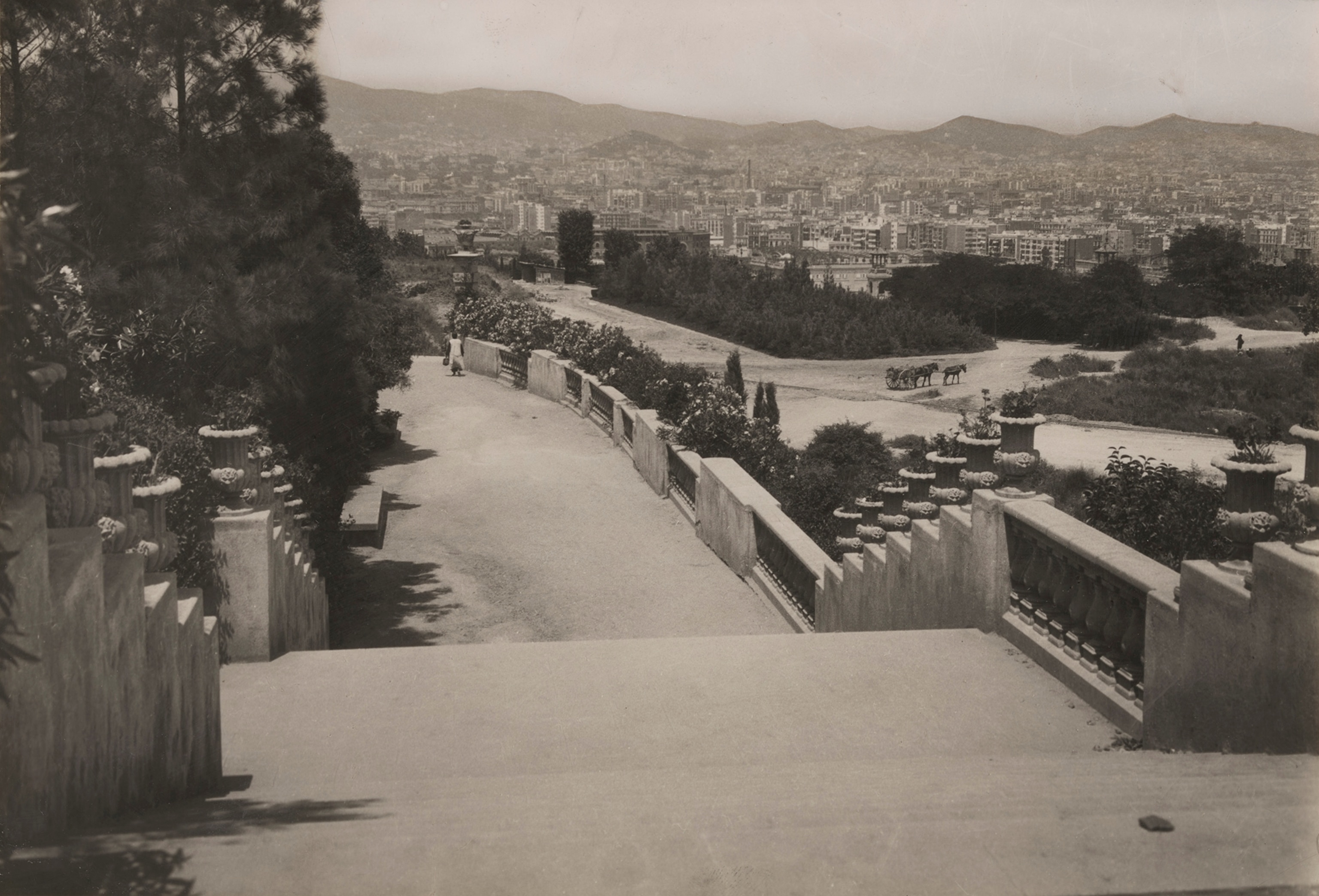A view of a park on the slope of Montjuich overlooking the city of Barcelona.