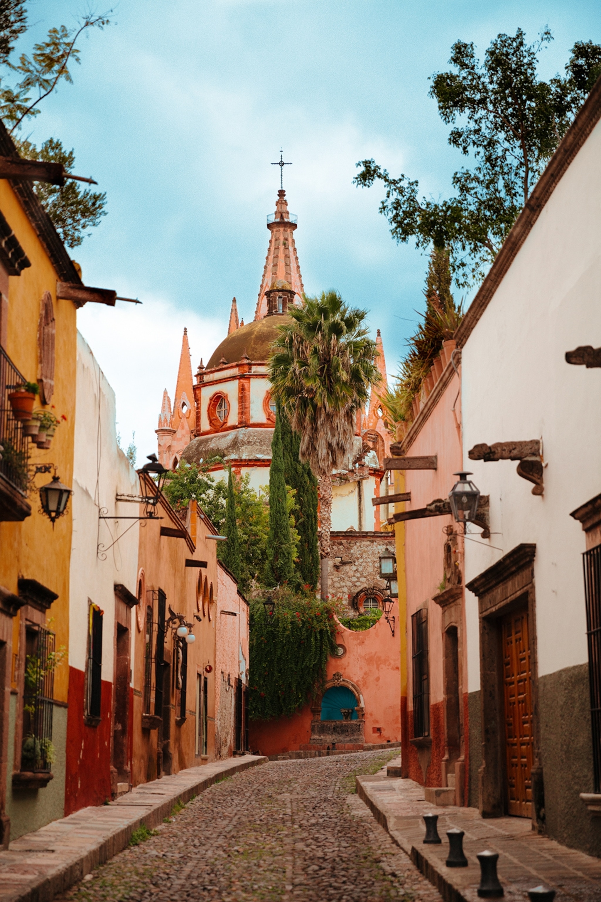 A romantic, cobblestone alley in a tropical city with clear skies and palm trees.