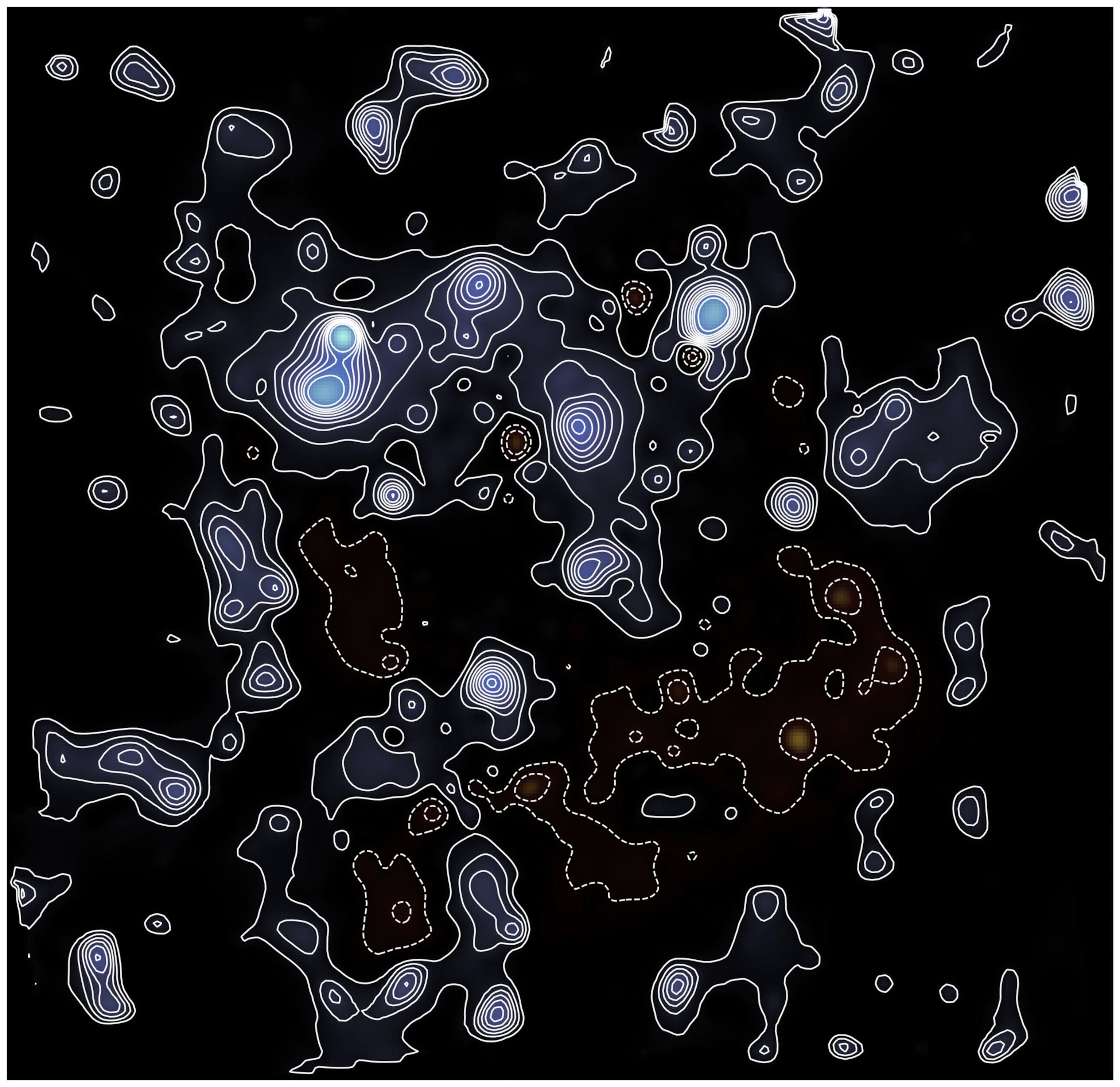 Blobs of light representing concentrations of dark matter in the universe, scattered against a dark background