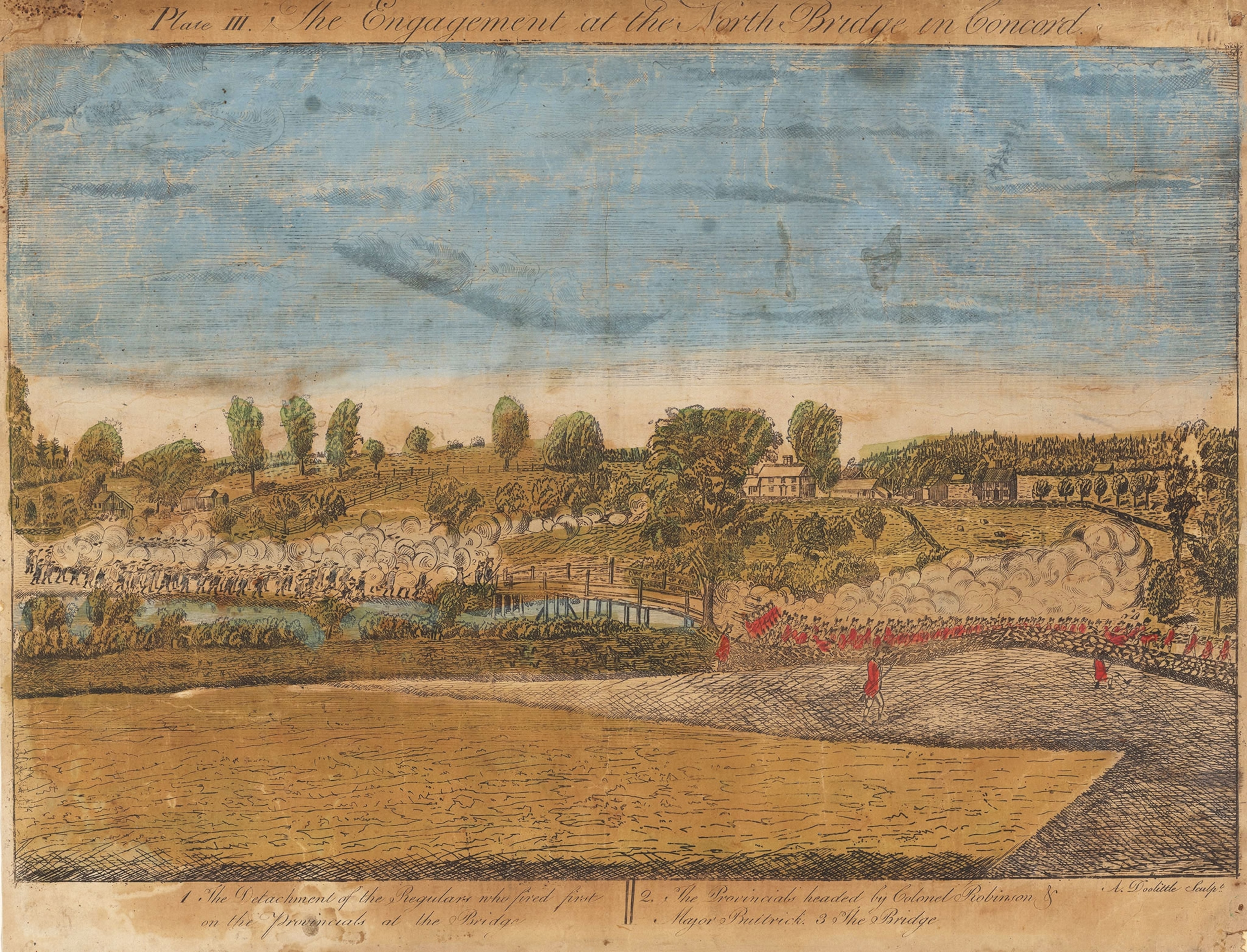 Gunsmoke billows as British troops retreating to Boston on April 19 exchange shots with militiamen in "The Engagement at the North Bridge in Concord" sketched by Ralph Earl and engraved by Amos Doolittle. He arrived in Cambridge from Connecticut with the New Haven company of the Governor's Guards 10 days after the Battles of Lexington and Concord to survey the site with Earl.
