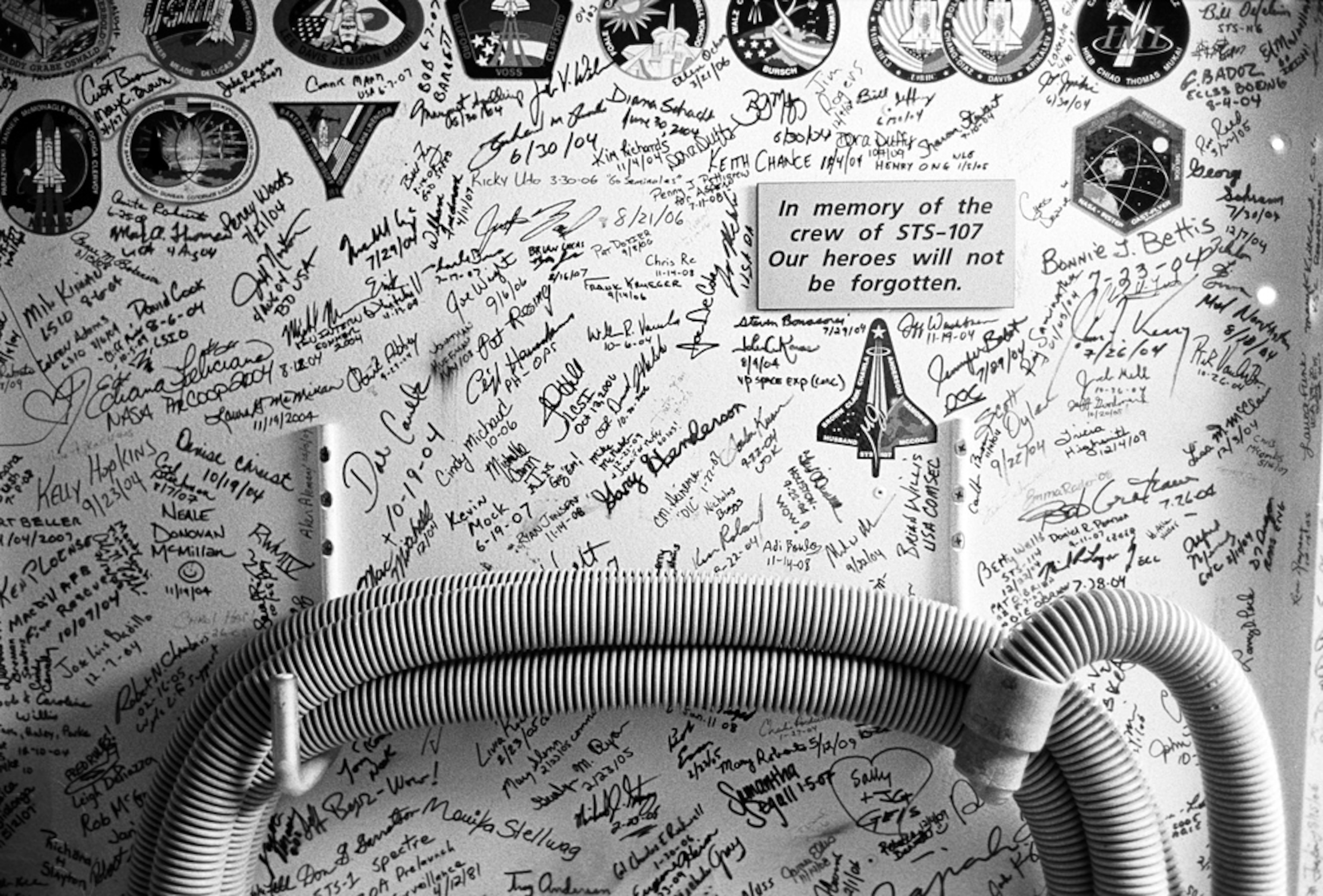 a memorial to the shuttle Columbia in a NASA clean room