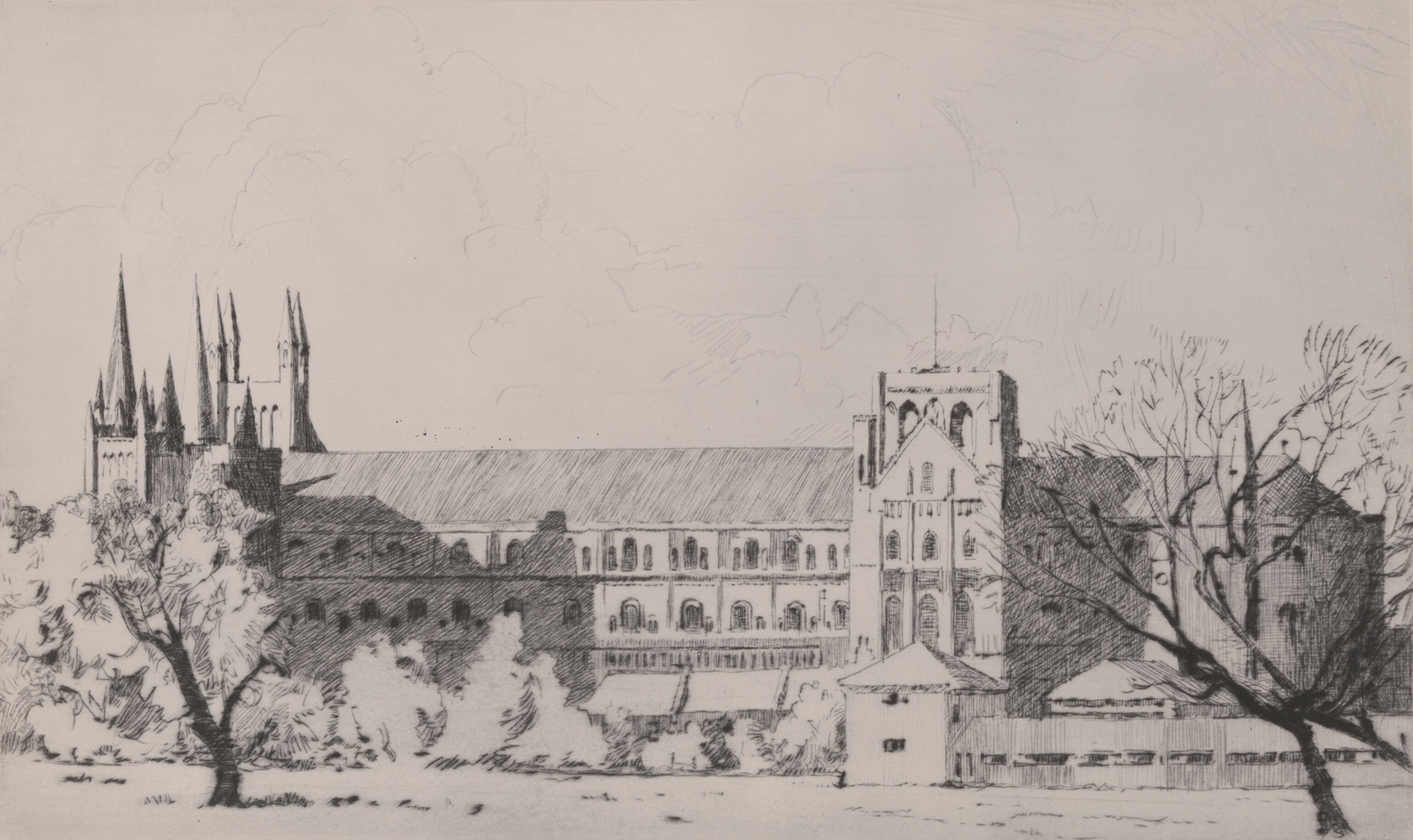 This drawing by Norman Wilkinson depicts the Peterborough Cathedral.