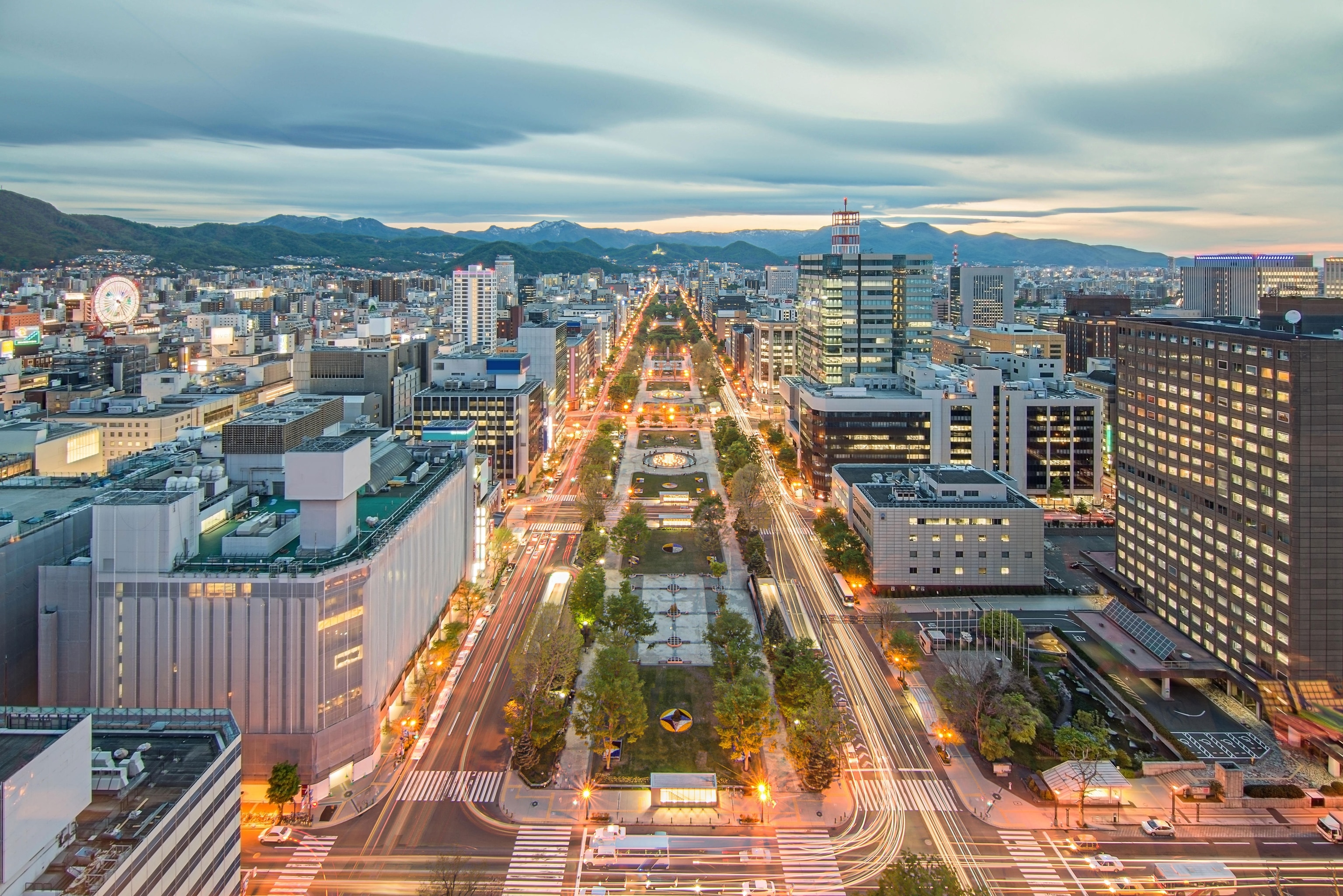 overhead early evening shot of busy roads in Japan