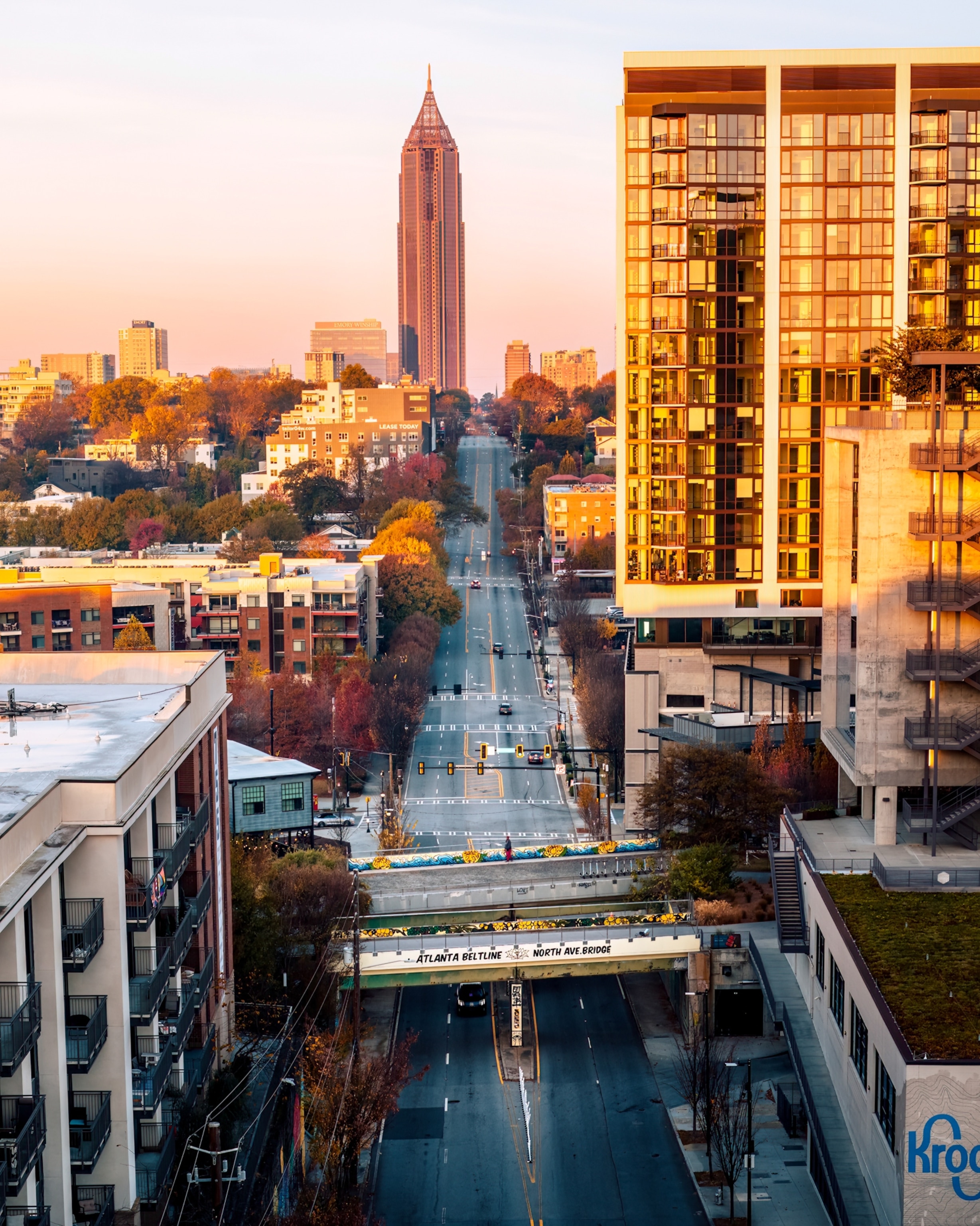 Golden hour sunrise views of the Atlanta Beltline Eastside Trail looking towards the skyline of Midtown Atlanta.