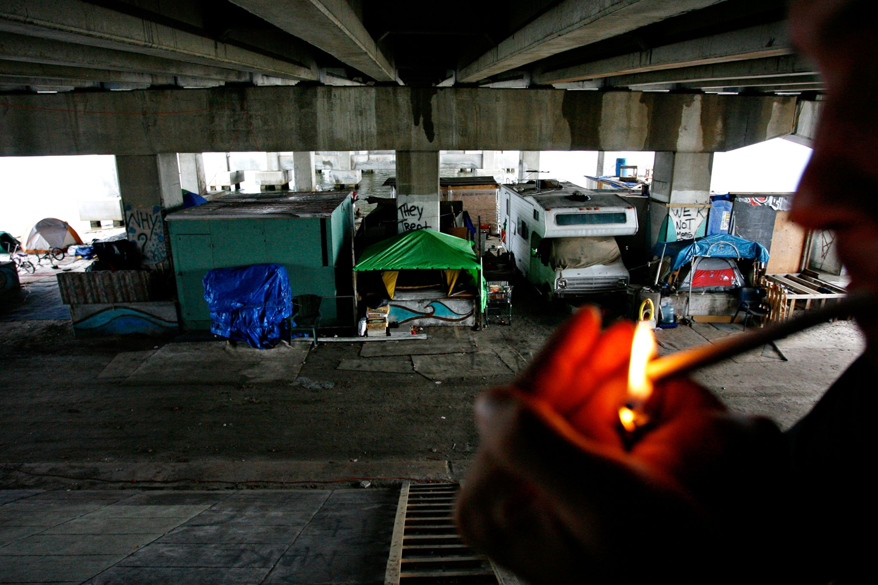 a tent city under freeway