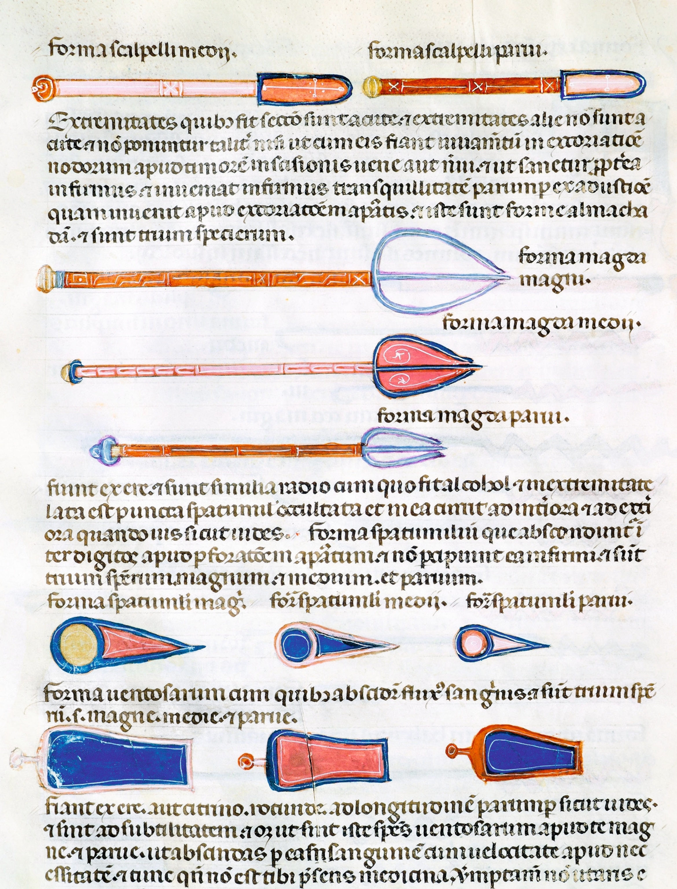 Surgical instruments including scalpels and suction cups in a Latin translation of Al-Zahrawi’s treatise on surgery.