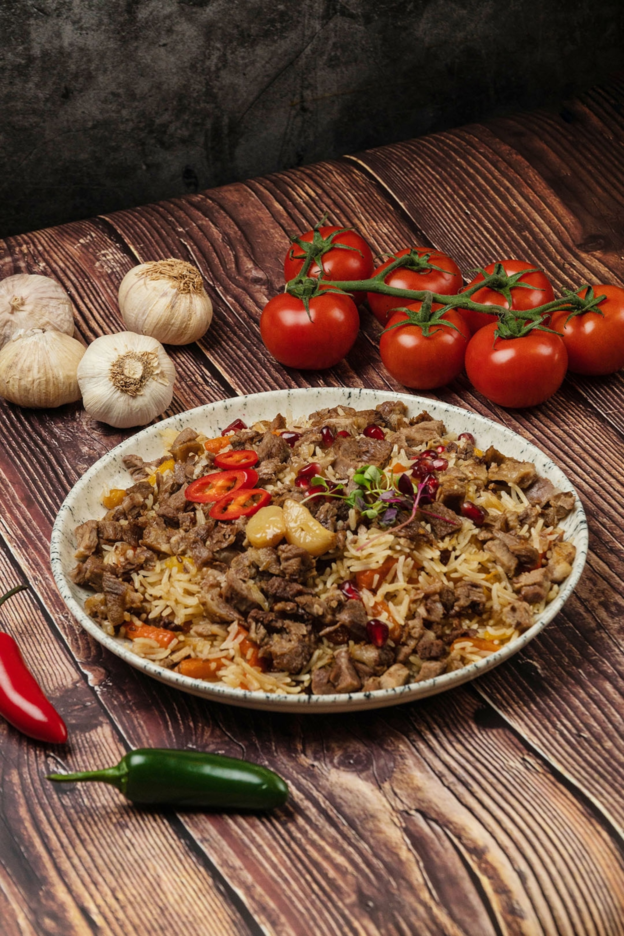 A plate with spiced rice and meat.