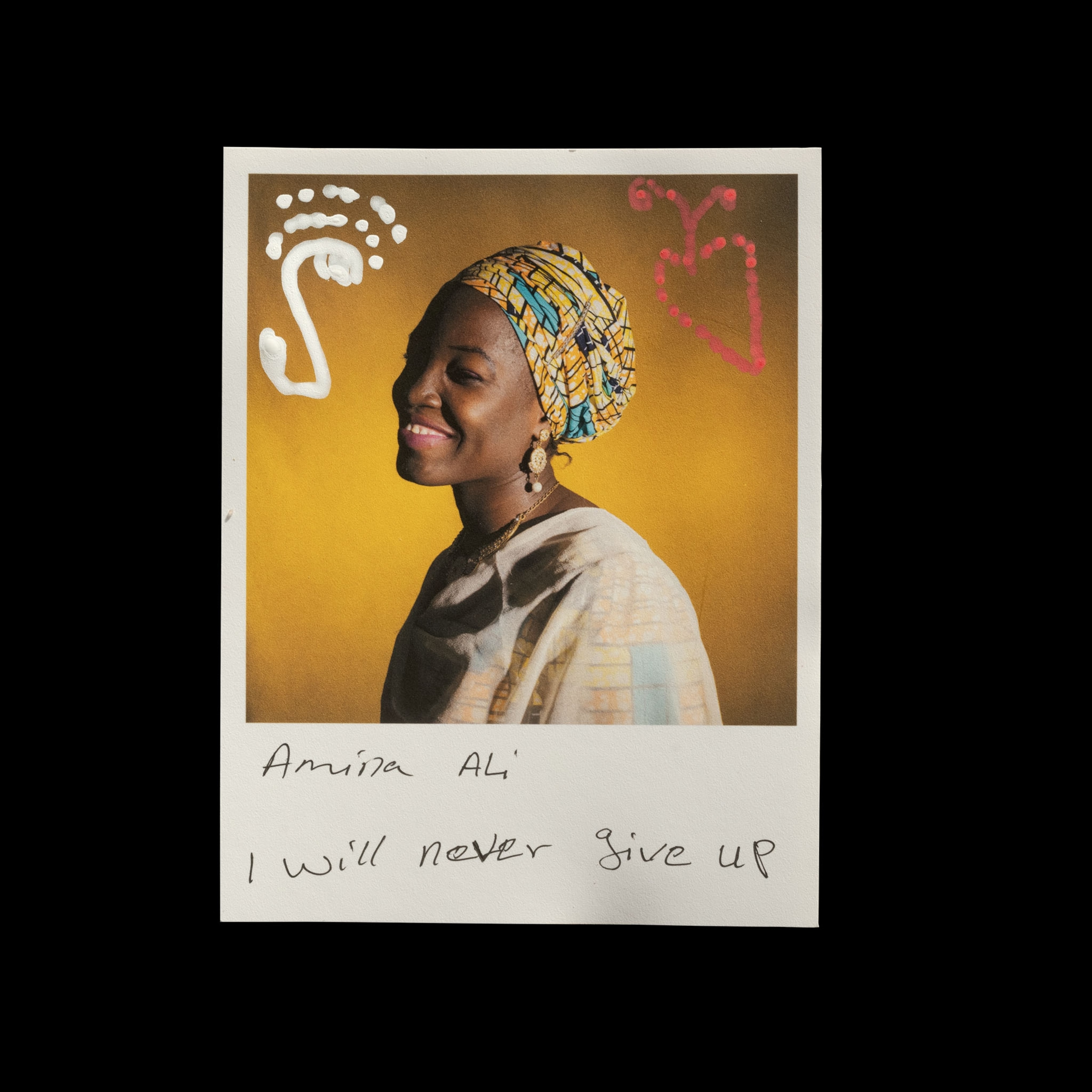 a painted-on polaroid portrait of women against a yellow background