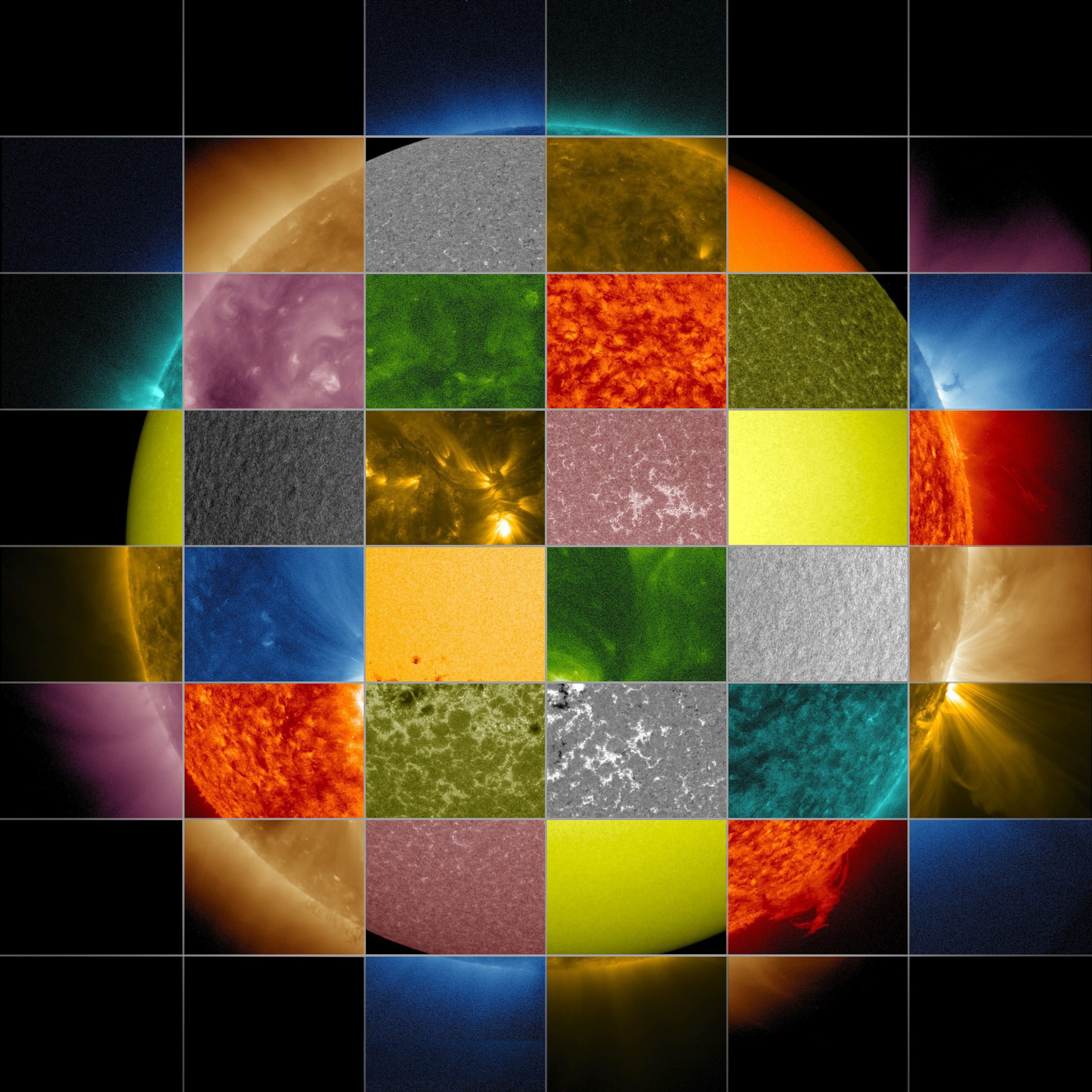 A composite picture of the sun in different wavelengths of light