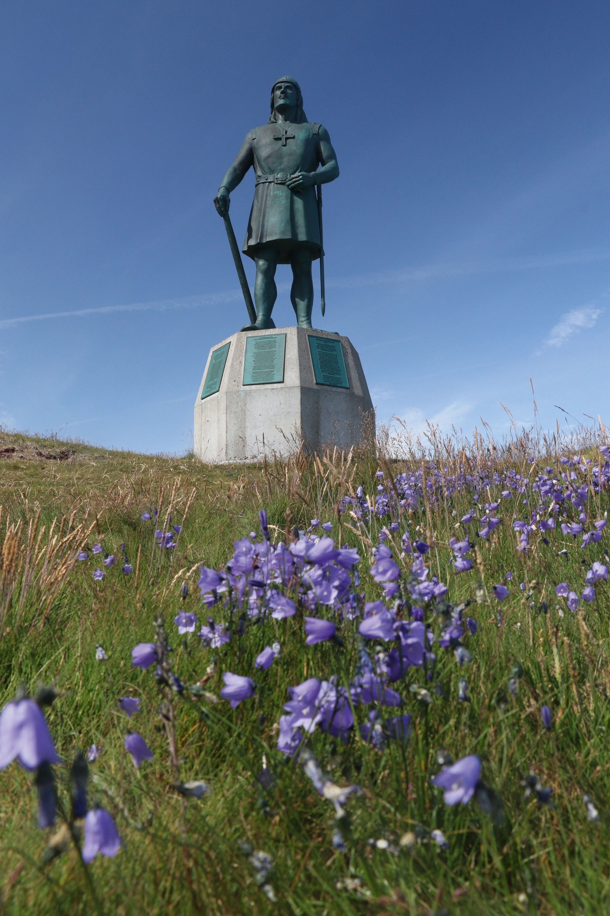 A statue of Norse explorer Leif Erikson stands among harebells overlooking the settlement of Qassiarsuk.