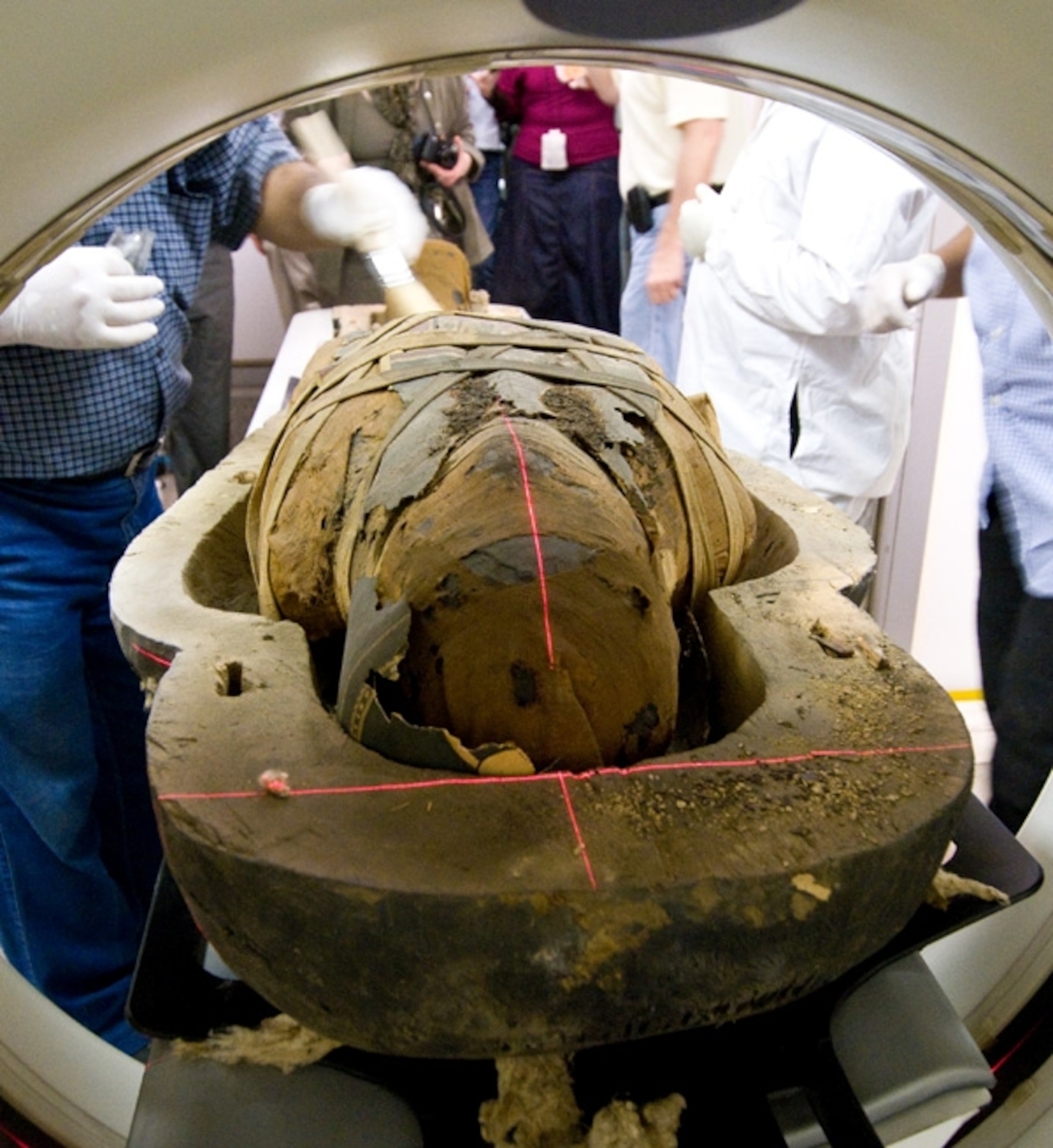 Egyptian mummy picture: An unidentified mummy undergoing a CT scan