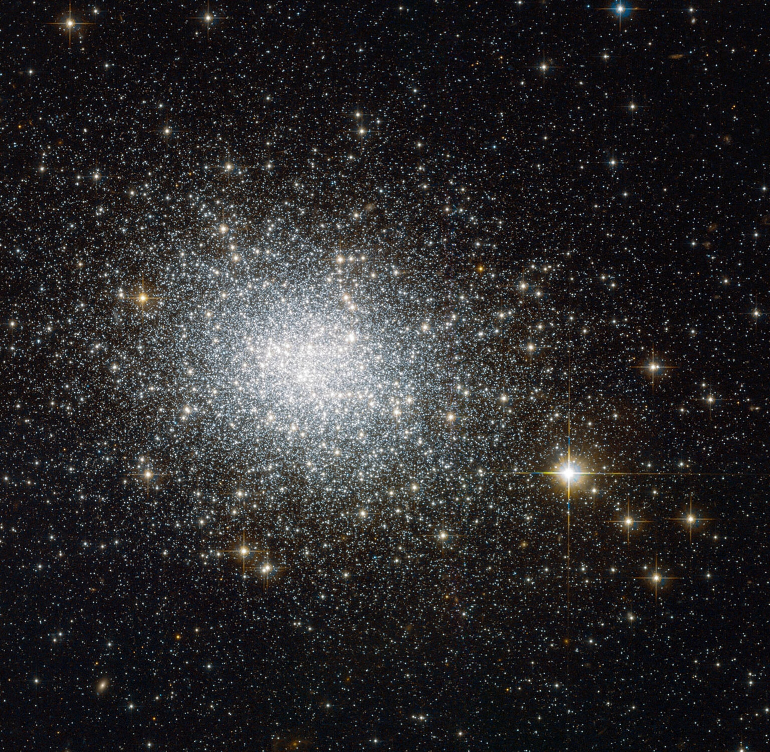 This image shows NGC 121, a globular cluster in the constellation of Tucana (The Toucan). Globular clusters are big balls of old stars that orbit the centres of their galaxies like satellites — the Milky Way, for example, has around 150. NGC 121 belongs to one of our neighbouring galaxies, the Small Magellanic Cloud (SMC). It was discovered in 1835 by English astronomer John Herschel, and in recent years it has been studied in detail by astronomers wishing to learn more about how stars form and evolve.