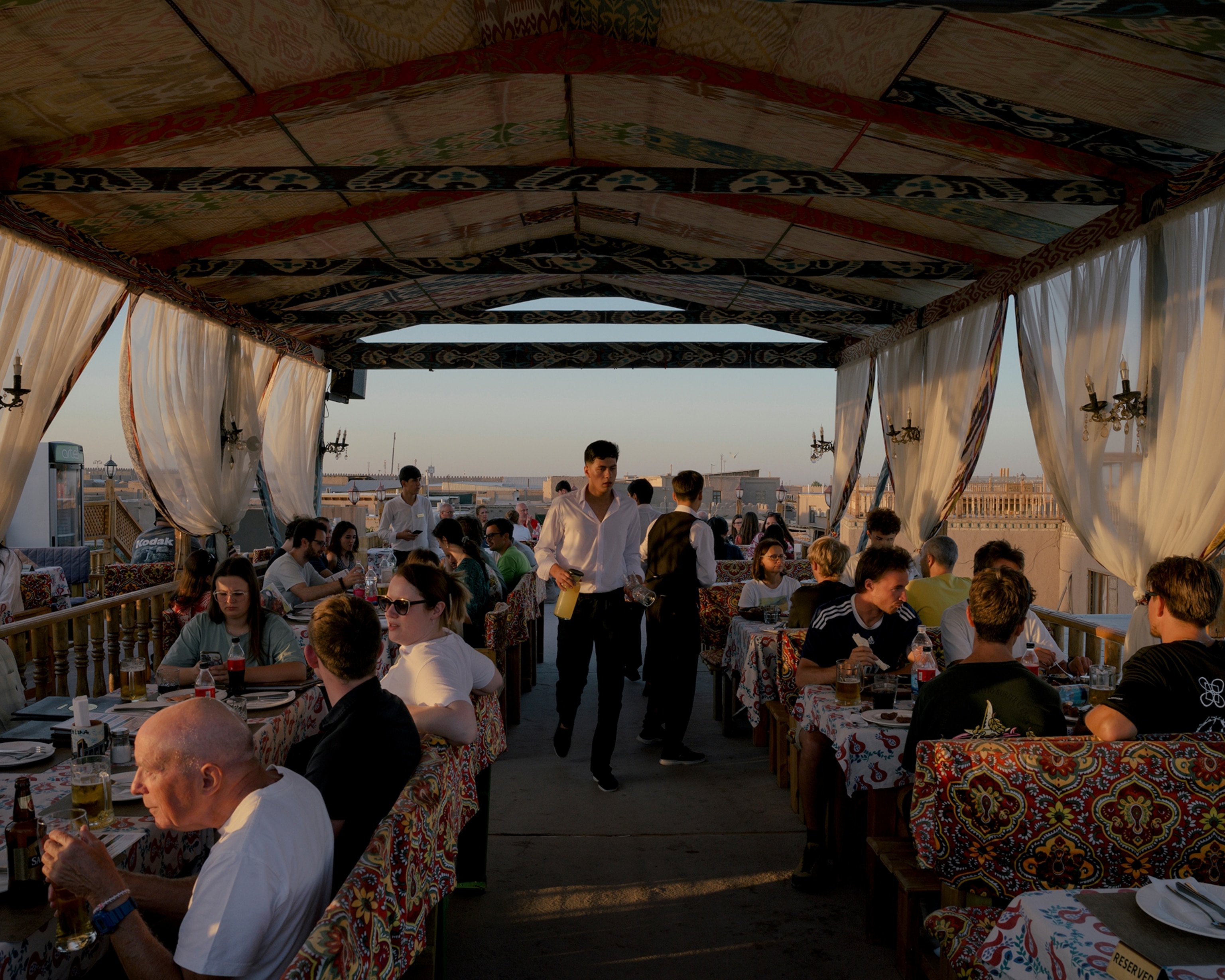 The rooftop terrace of the Terassa Cafe and Restaurant in Ichan-Khala, Khiva, Uzbekistan on August 15, 2025.