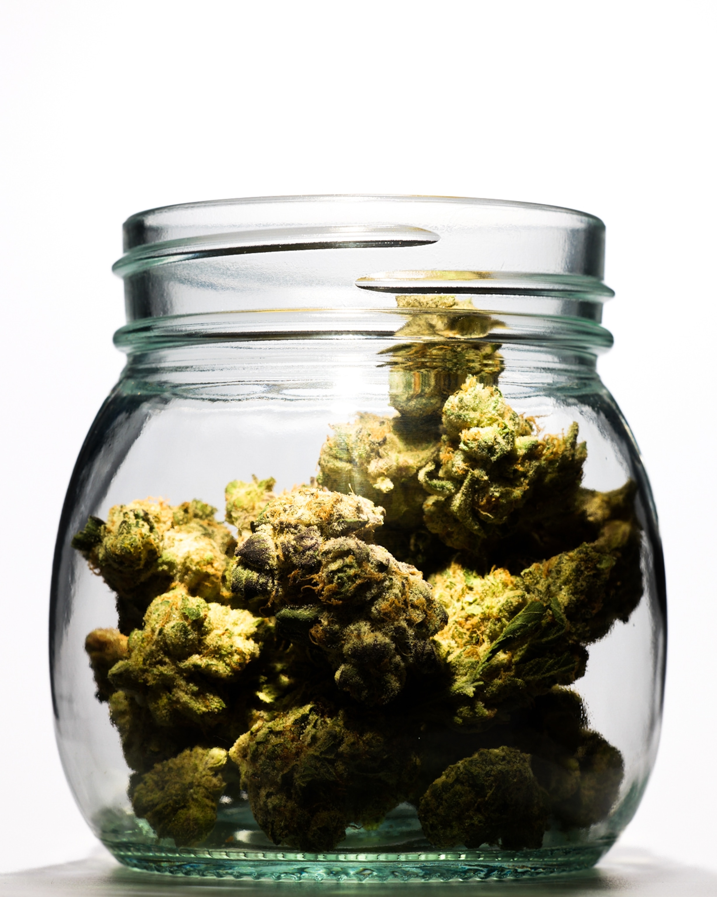 Cannabis buds inside of a clear glass jar on a white background.