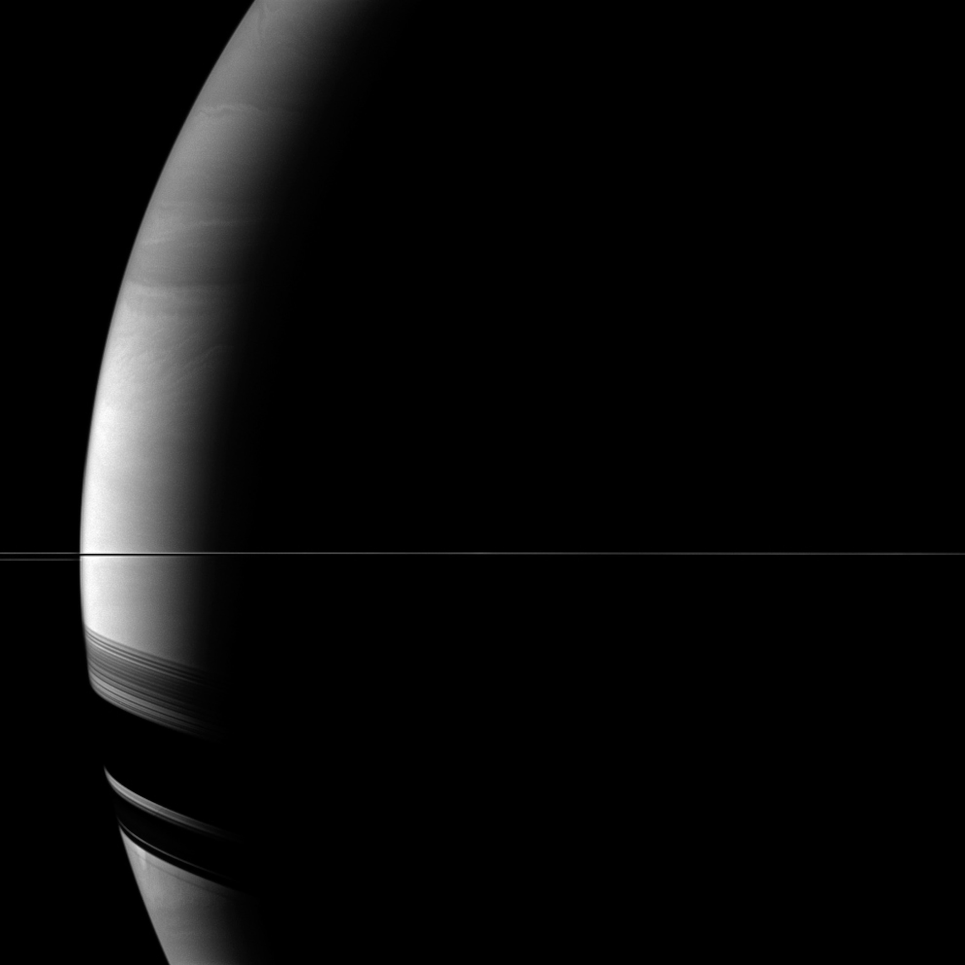 Saturn with the rings edge-on to the camera