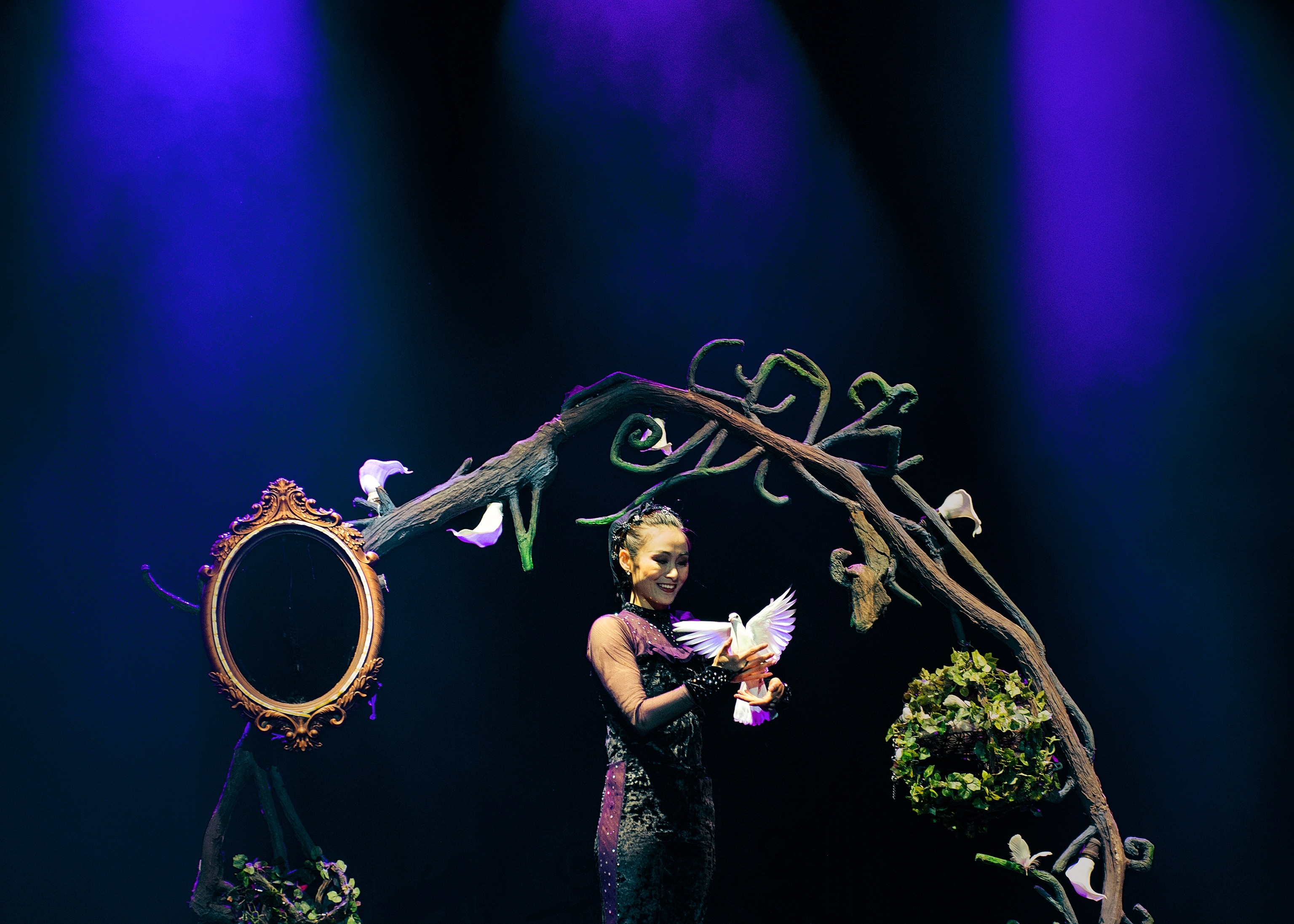 A Chinese magician performs with doves