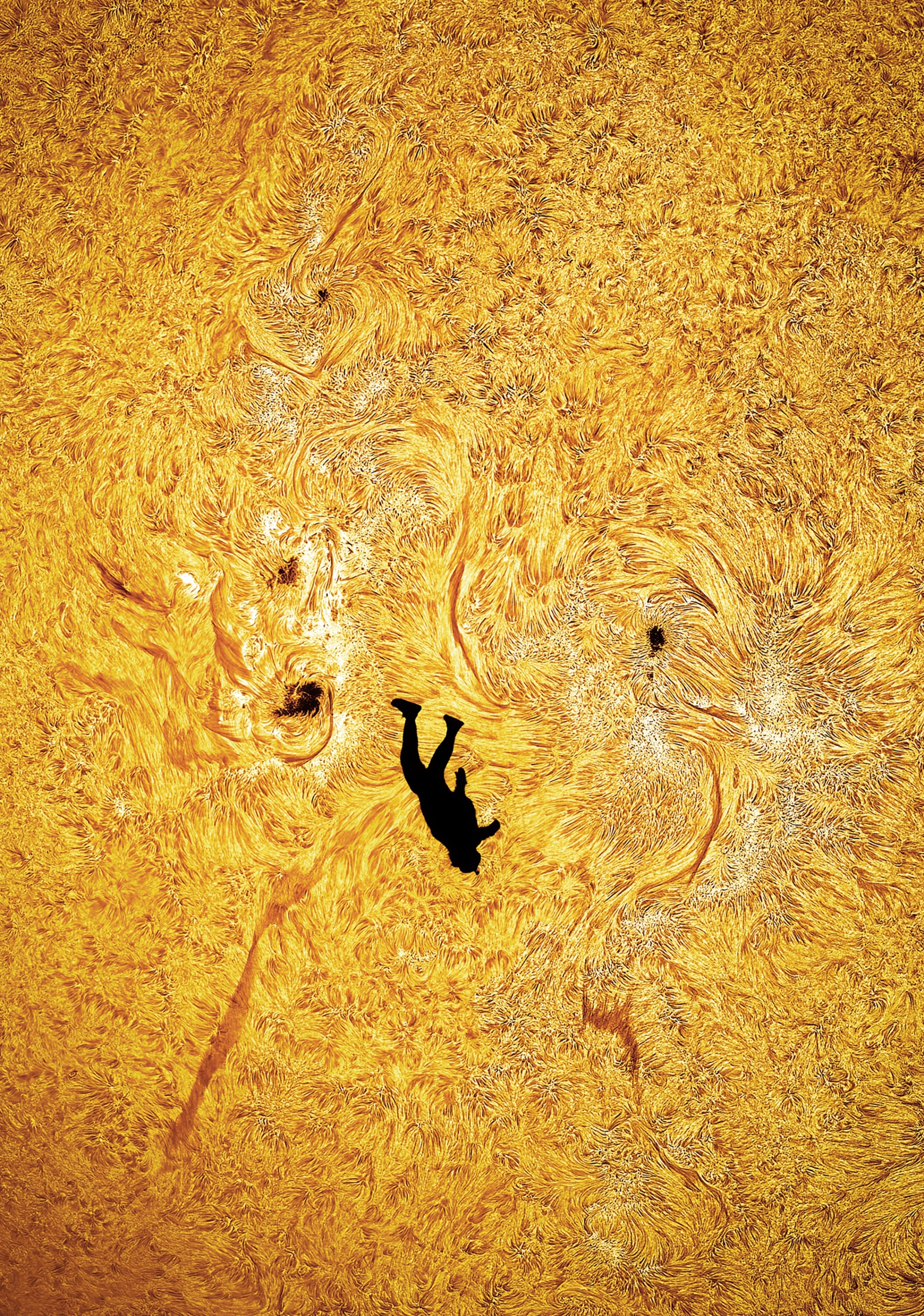 Silhouette of a person immersed in the midst of a golden plasma-looking scene.