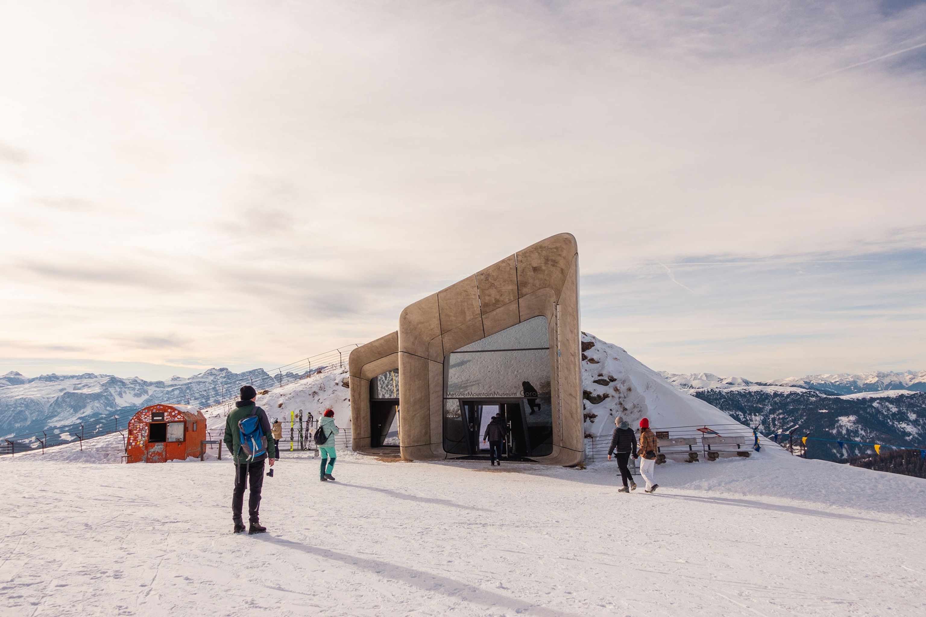 Tourists in front of the Messner Mountain Museum Corones on the Kronplatz