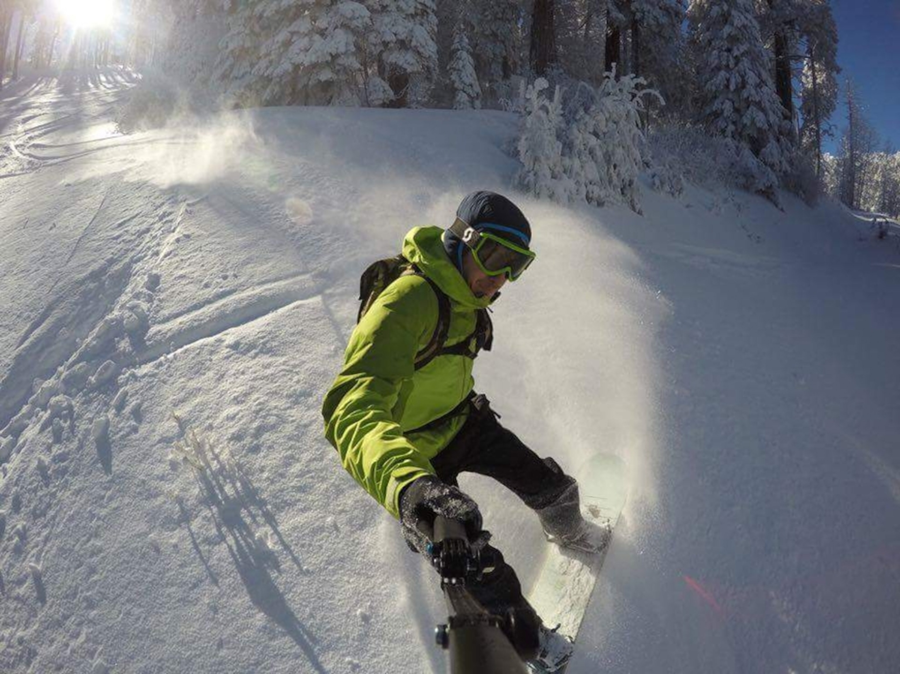 snowboarder taking a selfie with a gopro on Mount Lemmon, Arizona