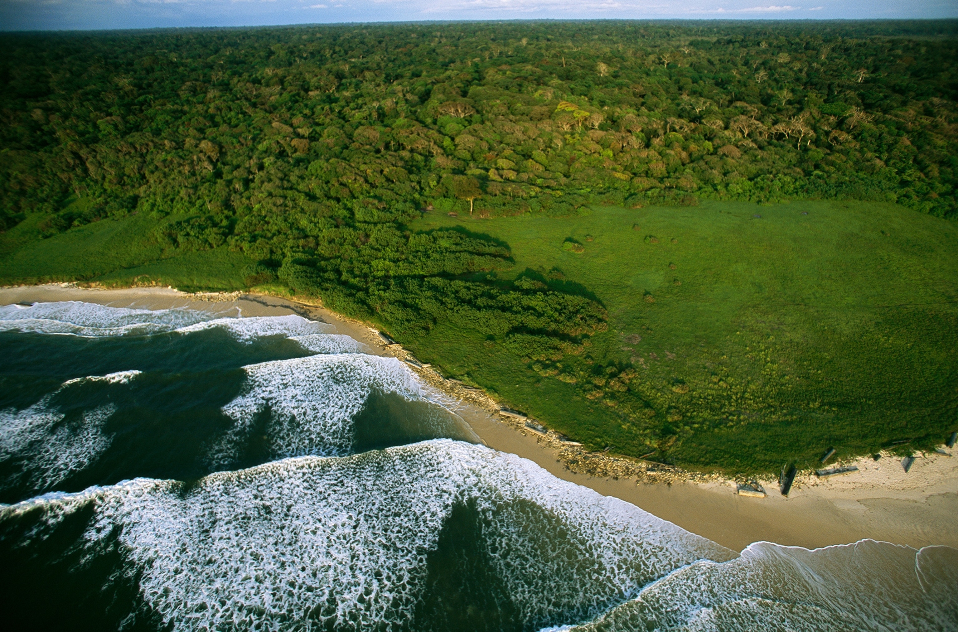 Elevated view of the Atlantic coast of Gabon, Loango National Park, Gabon.