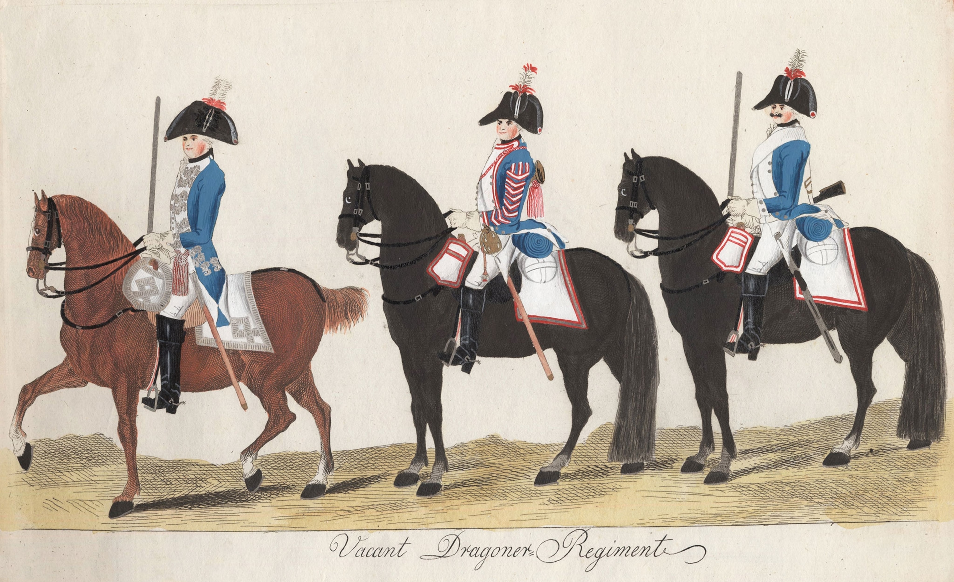 Illustrated bookplate of Hessian soldier regiments in their uniforms. Printed in the book, "Armée Hessoise" by JH Carl & JC Muller in 1805. 3 figures on horseback facing left, two with swords. Artist J.H. Carl,