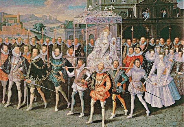 Elizabeth I, surrounded by courtiers, on one of her regular summer &ldquo;progresses&rdquo; around her kingdom.