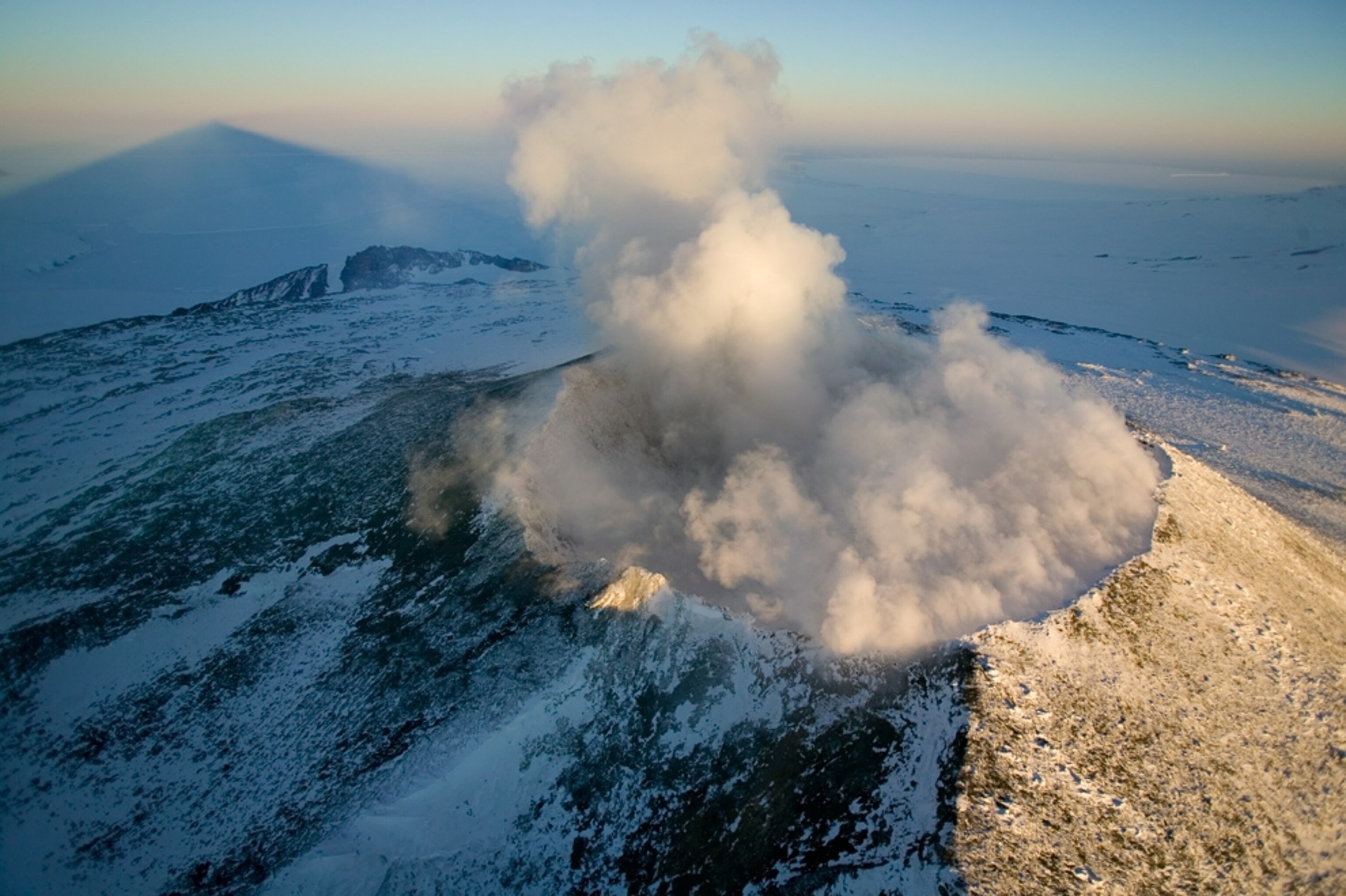 aerial views of Mount Erebus, the only active volcano in Antarctica