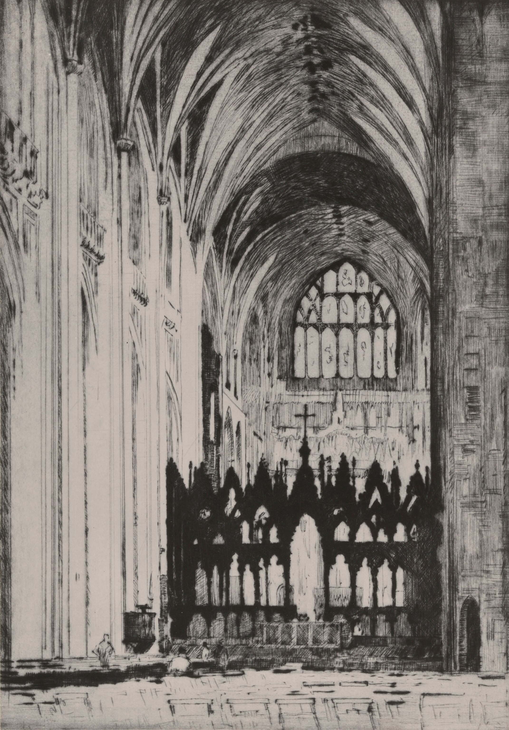 This drawing by Norman Wilkinson depicts the Winchester Cathedral.