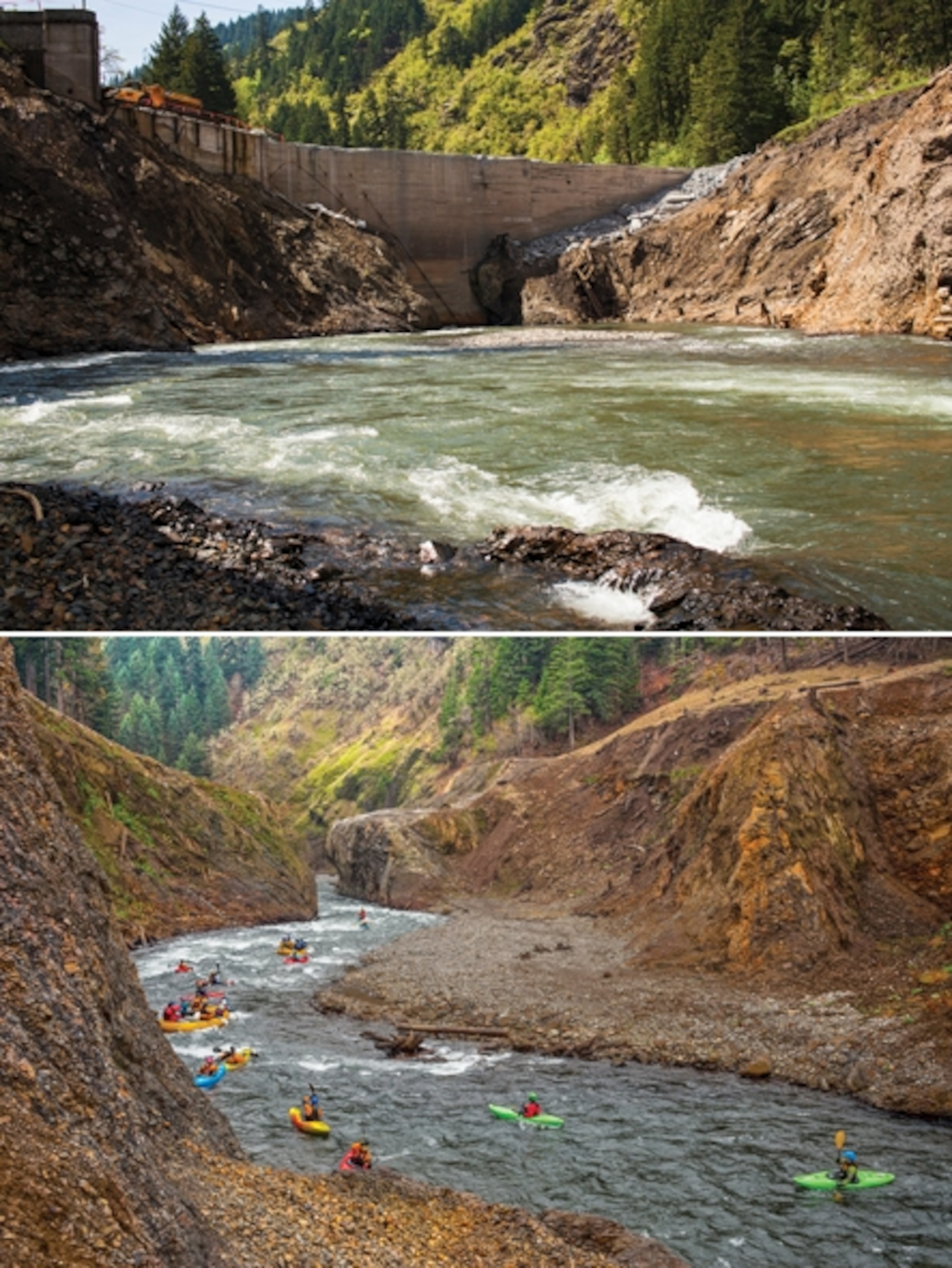 Before and after: A renewed pulse of life, and recreation, flows along Washington’s White Salmon River after the removal of Condit Dam in a scene from DAMNATION. Photo: Ben Knight