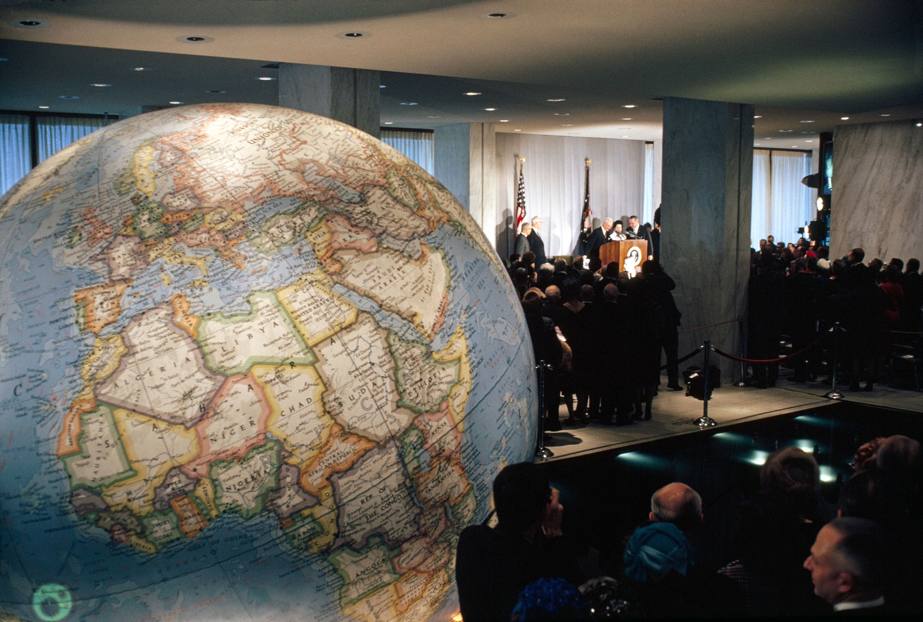 Lyndon and Lady Bird Johnson attend a dedication ceremony at the National Geographic Society, 1963.