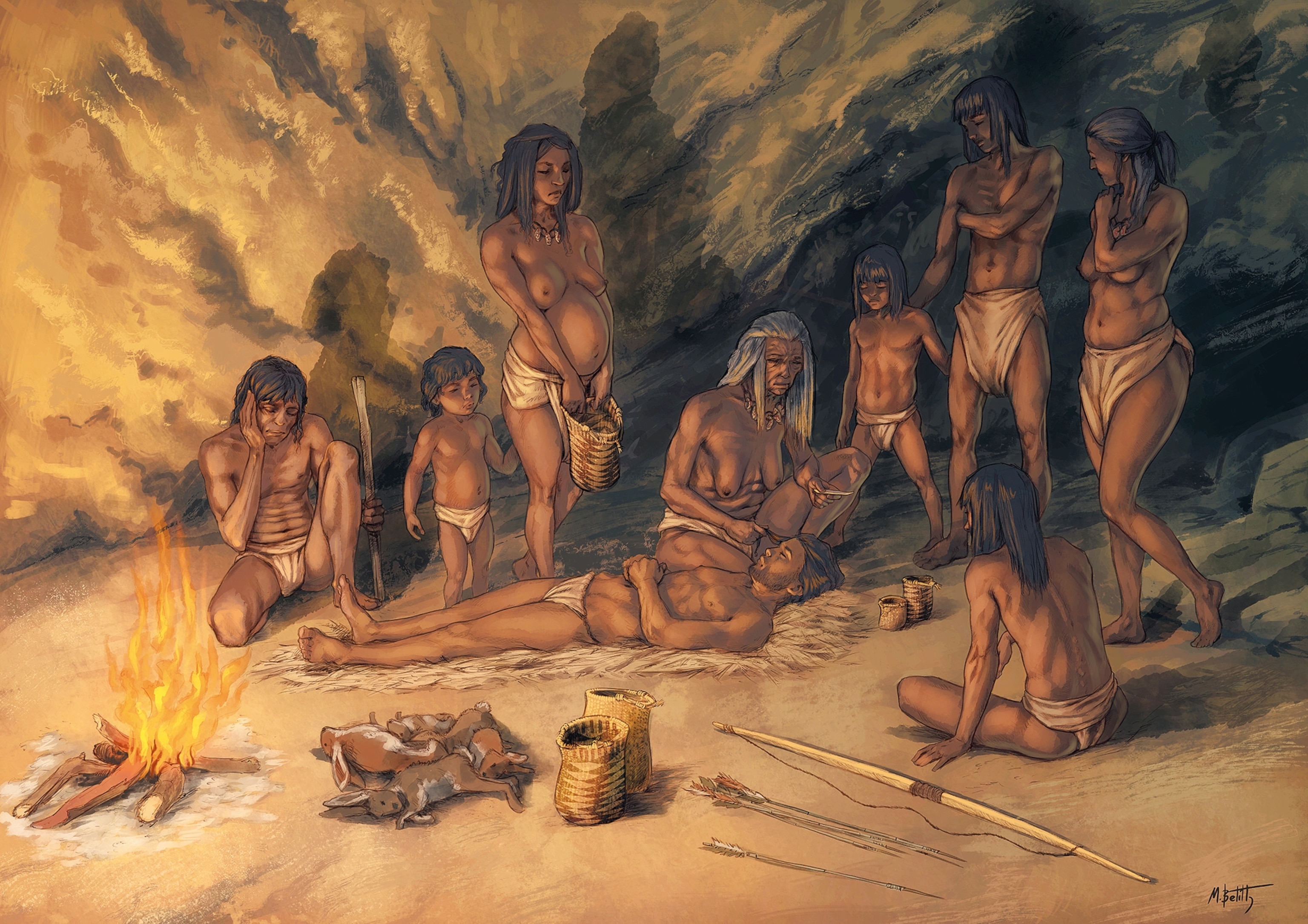 An artist’s re-creation of the use of Mesolithic baskets in the Cave of the Bats.