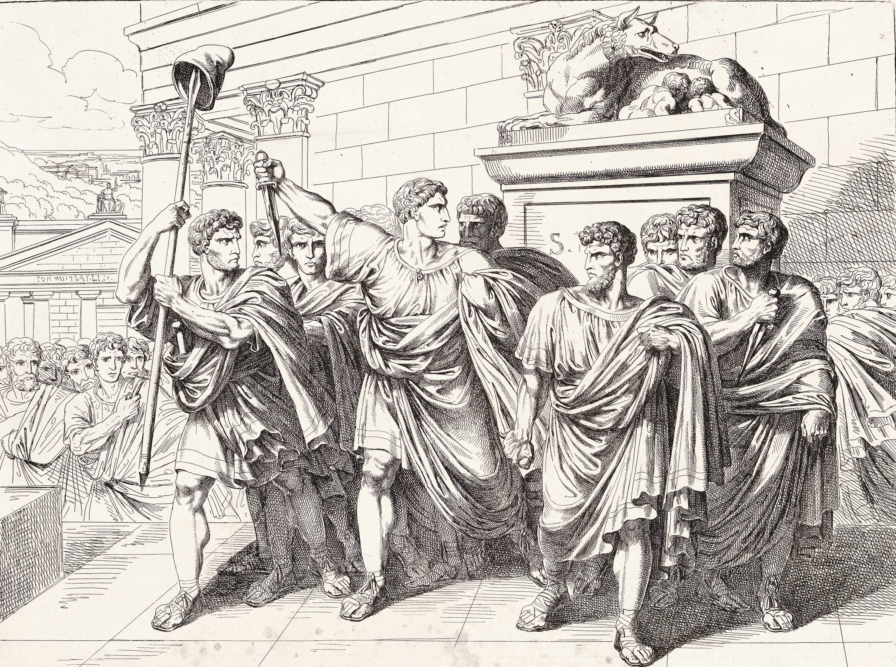 An engraving of Brutus and Cassius, leading Caesar’s assassins, leaving the Senate after the murder.