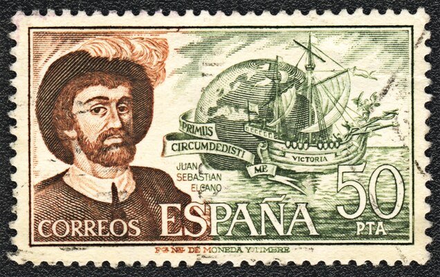 J.S. Elcano and his ship "Victoria" are celebrated on this postage stamp issued by Spain in the late 1970s.