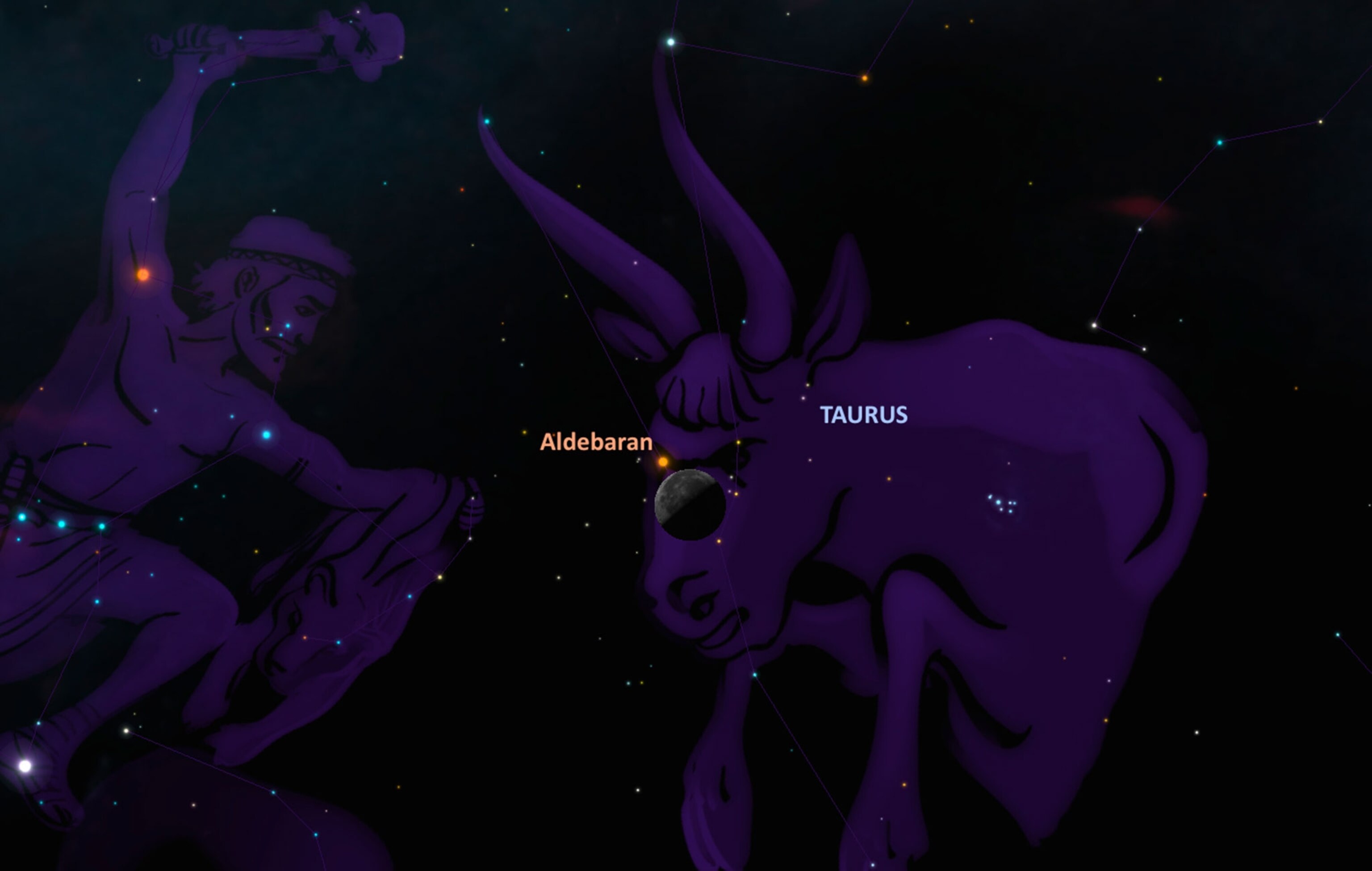 a skychart depicting a star that is the eye of Taurus constellation
