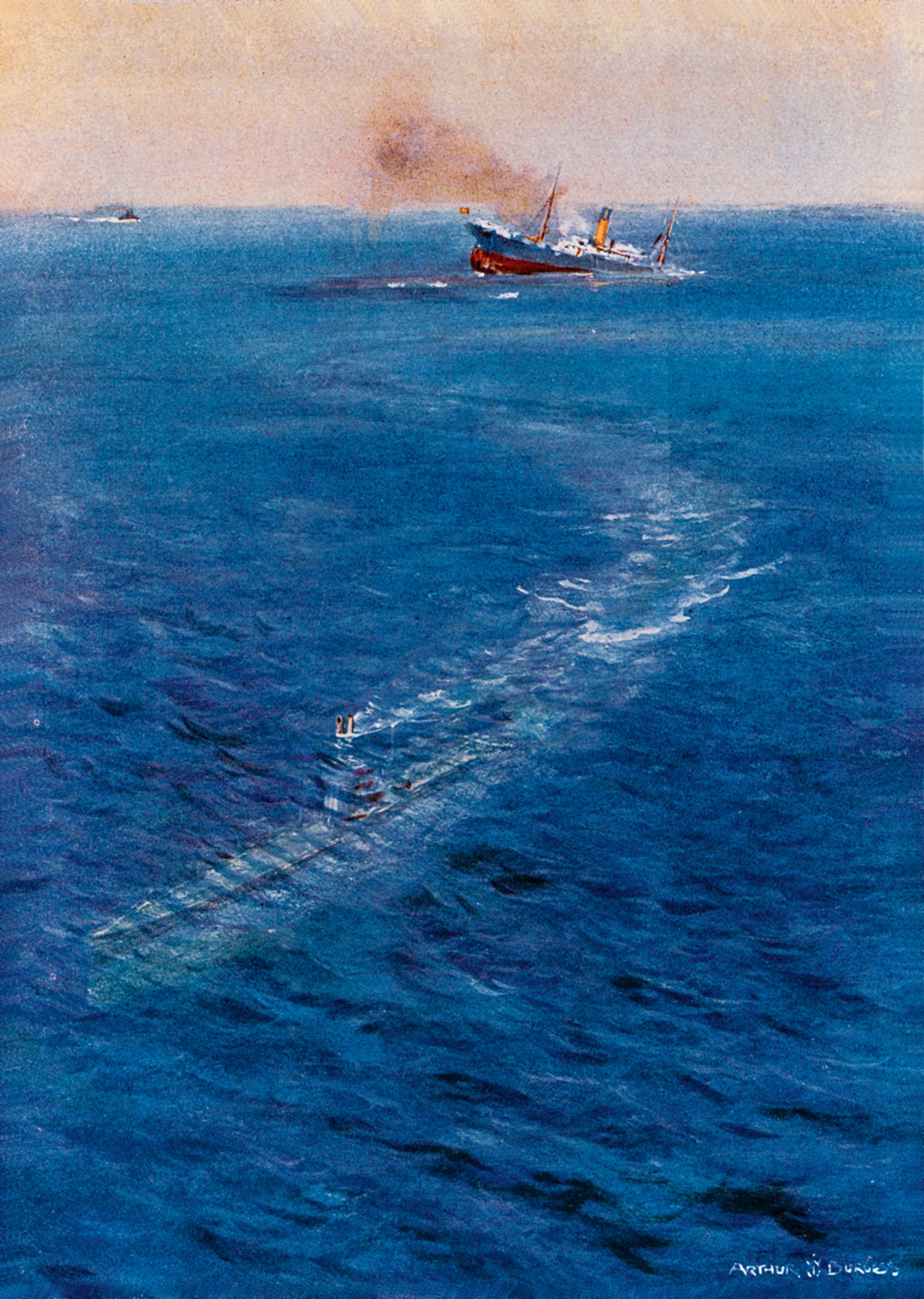 An illustration of a German U-boat sailing away after sinking a merchant ship.
