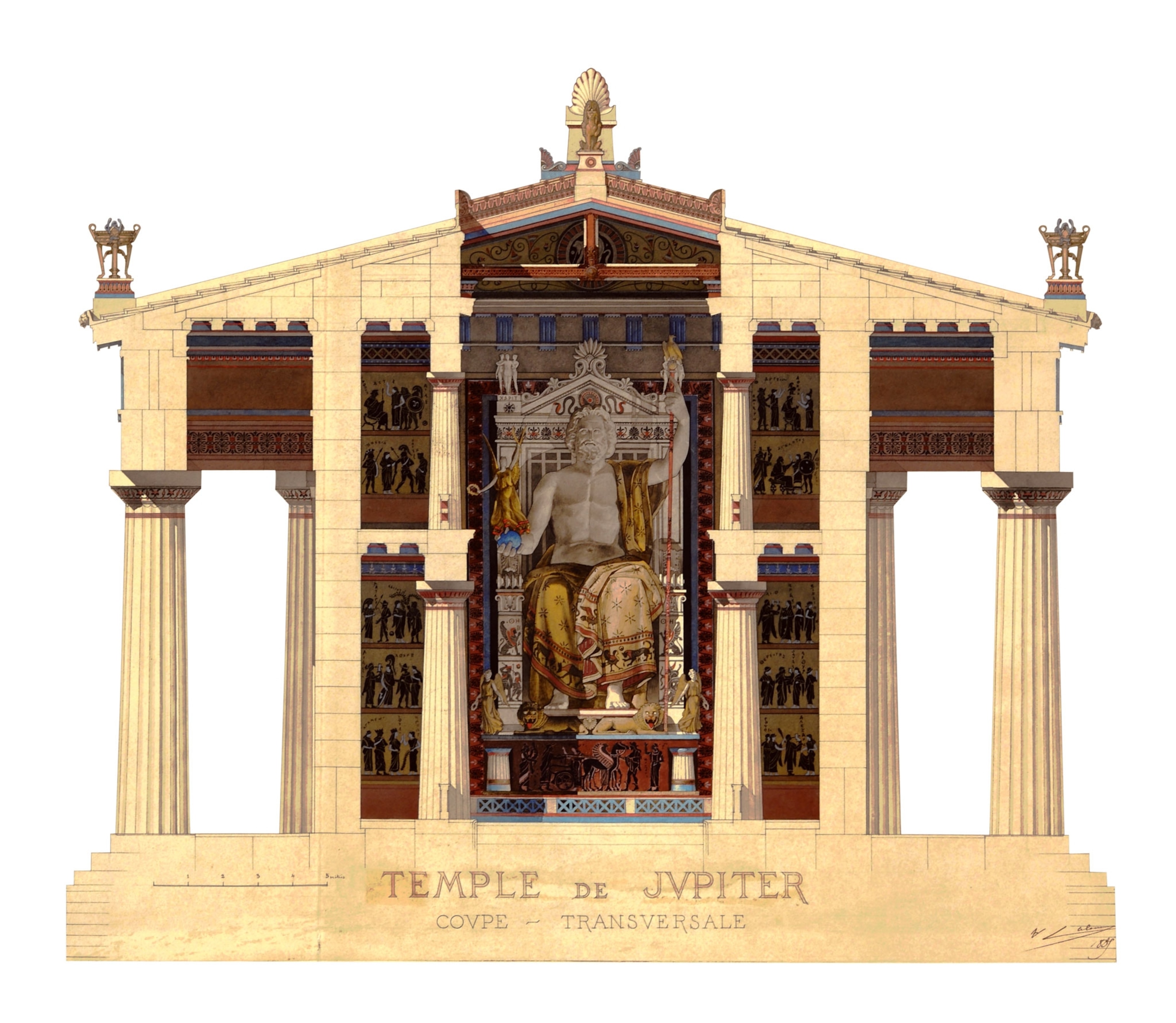A drawing of what the interior of the temple of Zeus looks like