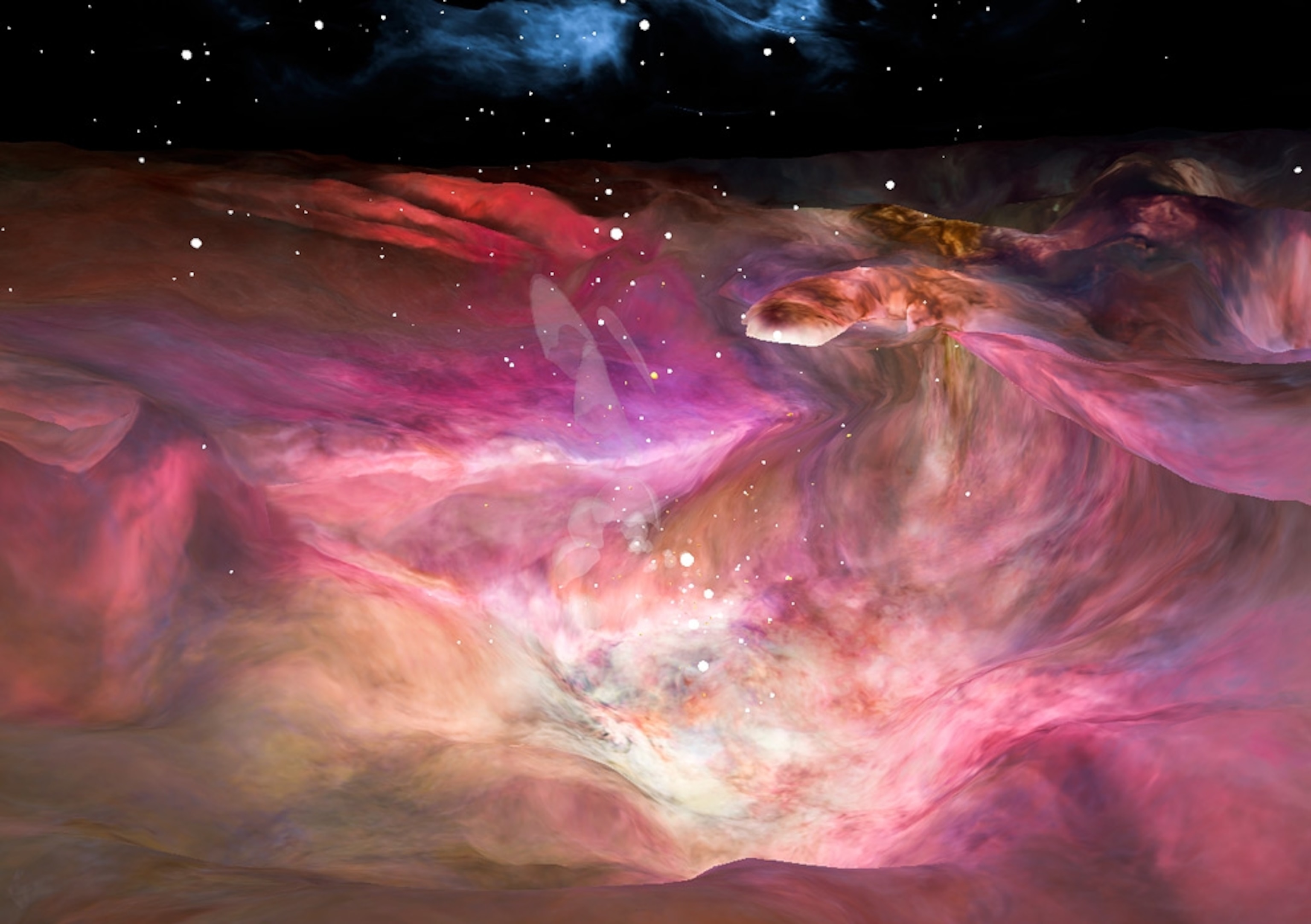 A 3-D computer model shows a canyon of dust and gas deep in the Orion Nebula.