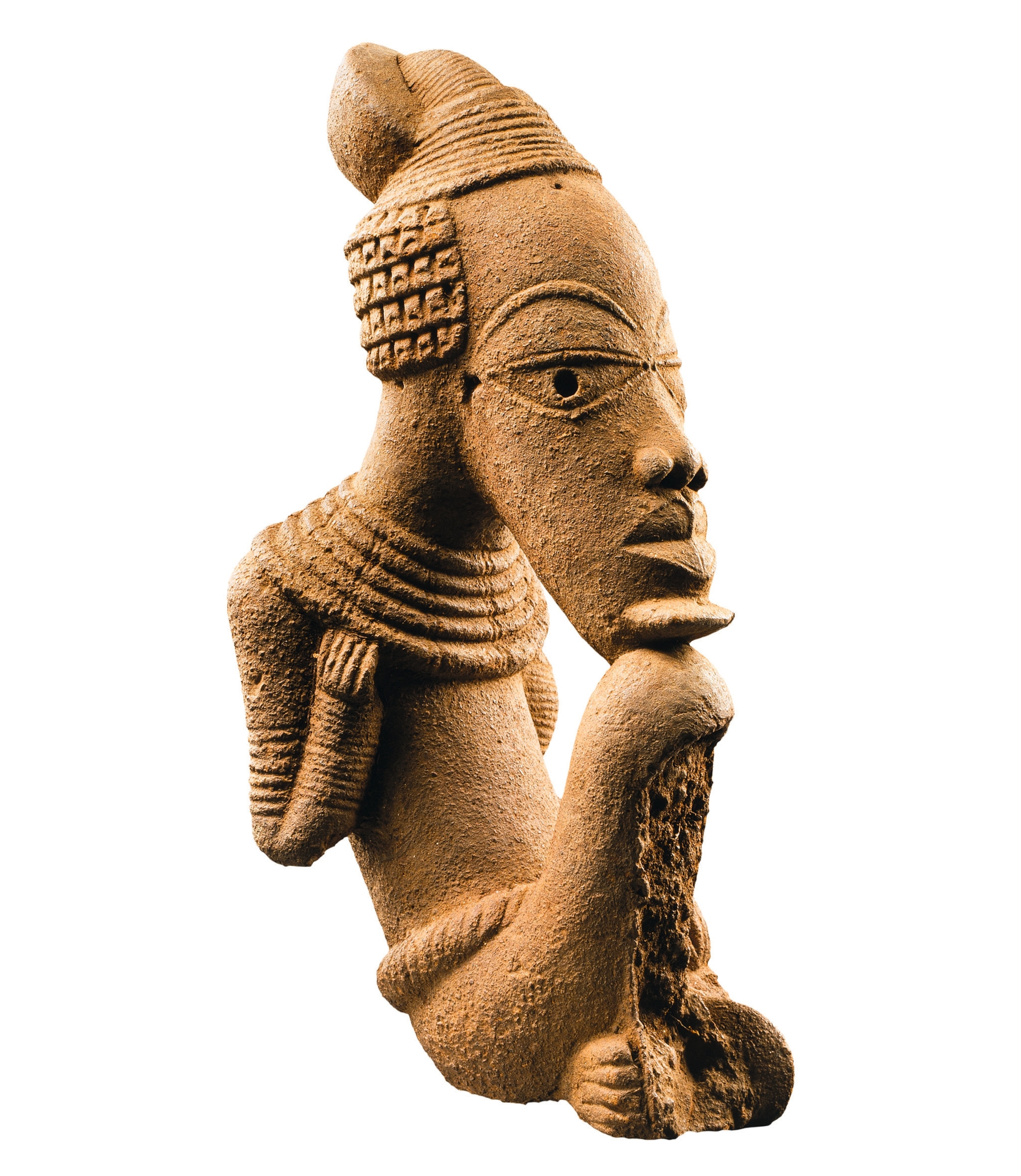 Nok terra-cotta sculpture in a seated position.