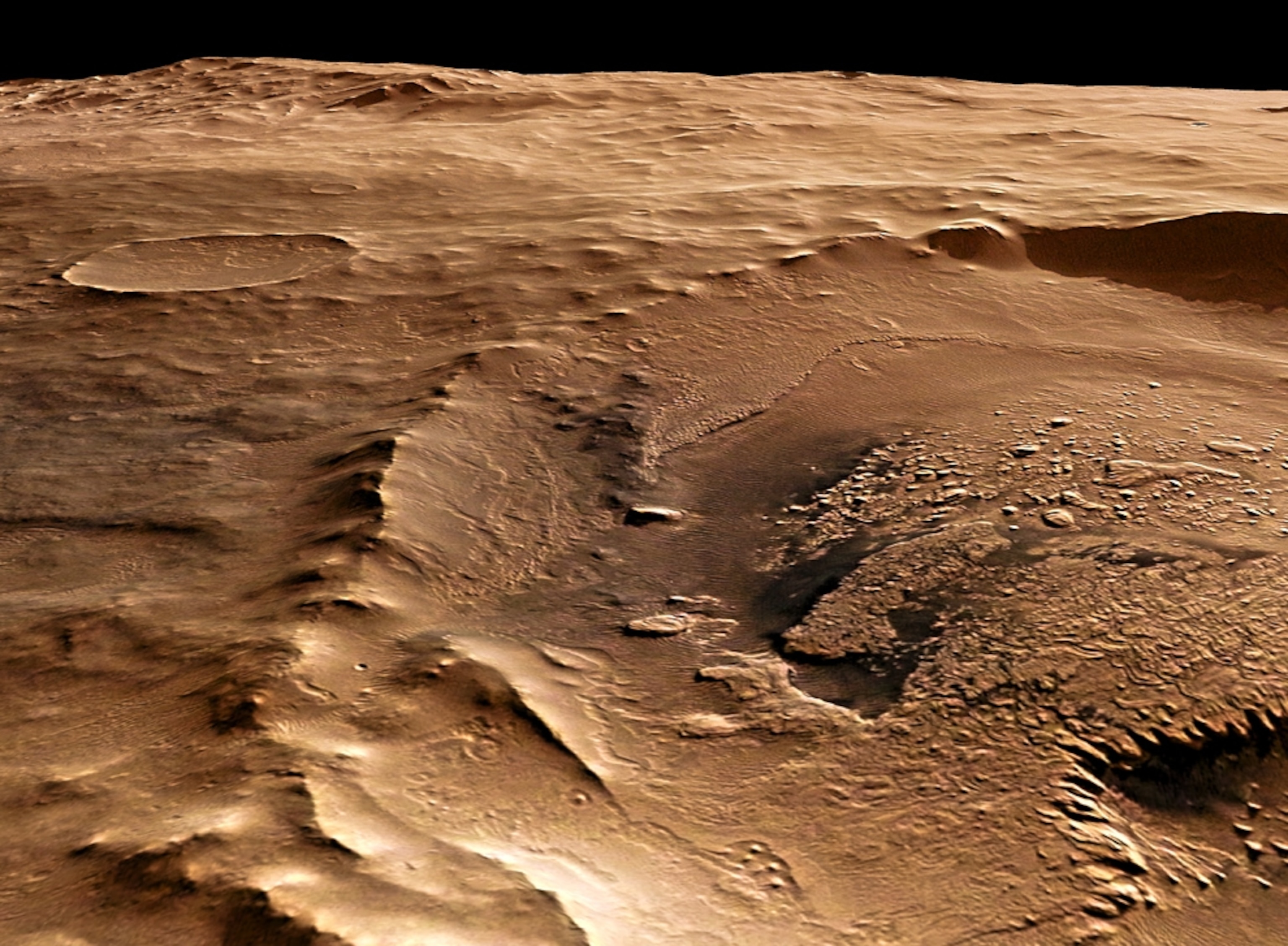 The Schiaparelli crater on Mars seen in perspective (picture).