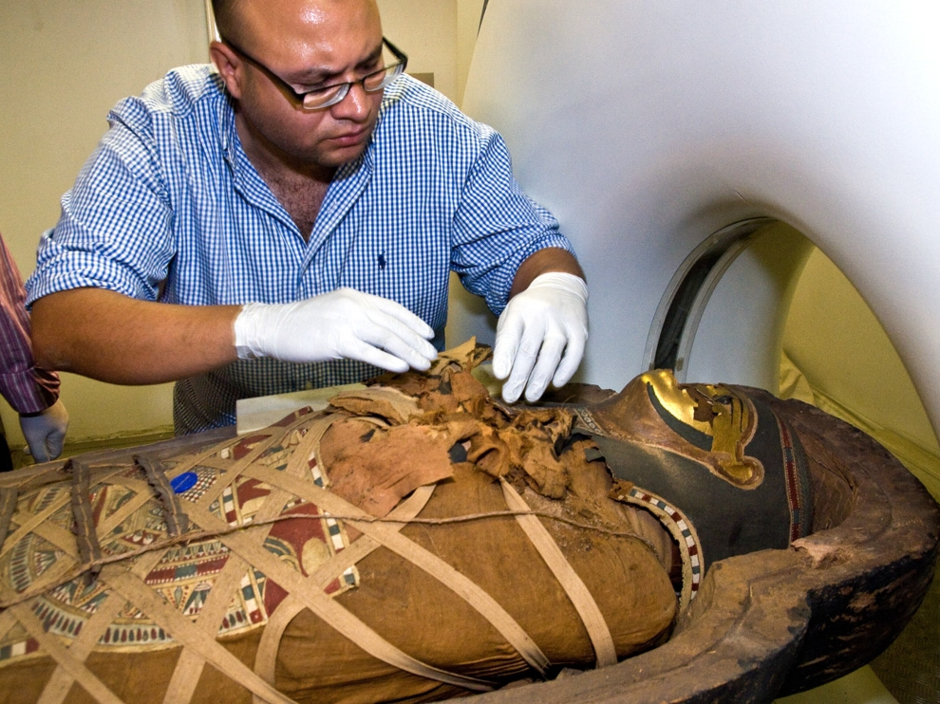 Egyptian mummy picture: An unidentified mummy being prepared for CT scans